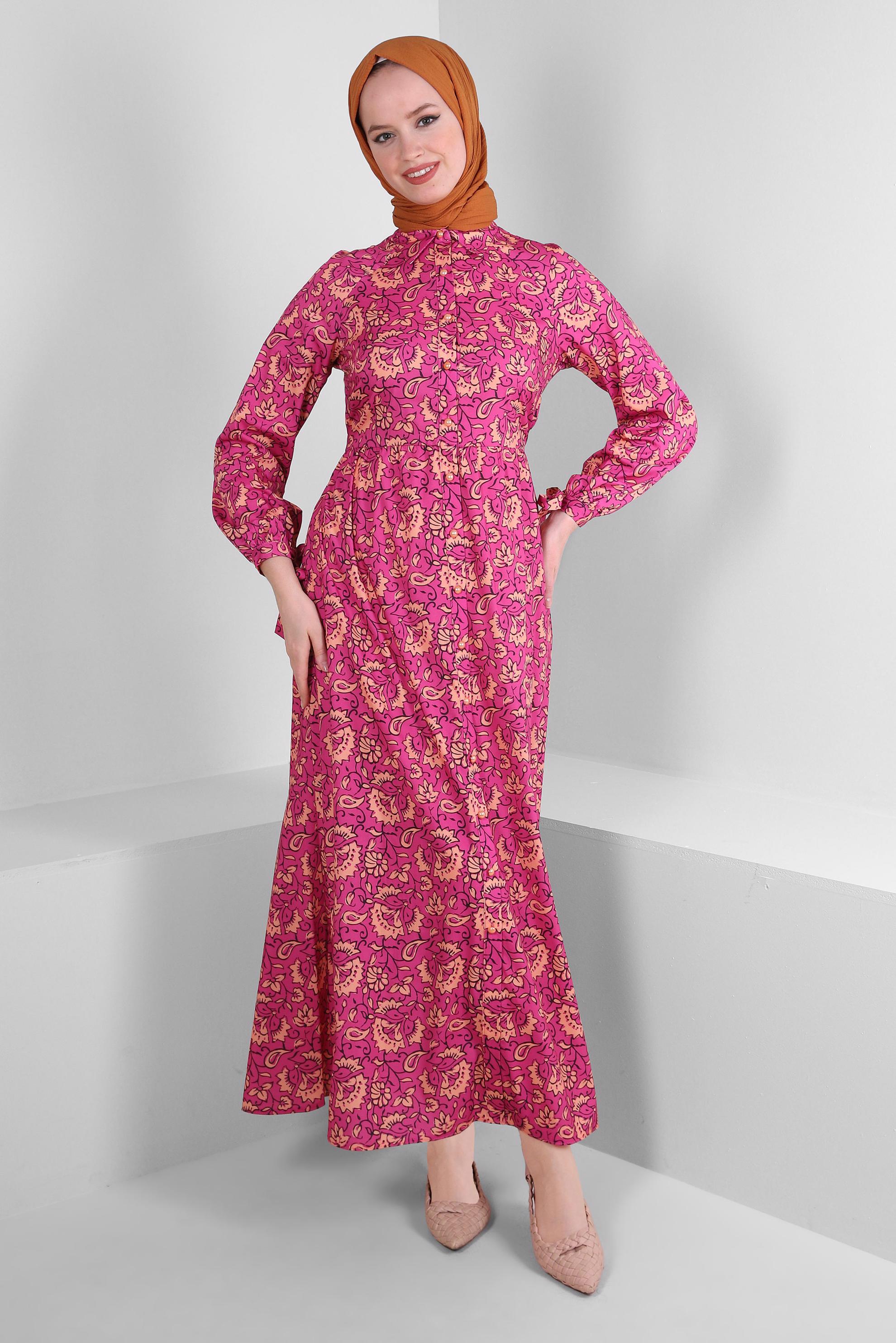 Tesettür giyim FUŞYA ETNİK DESENLİ DÜĞMELİ ELBİSE 43688