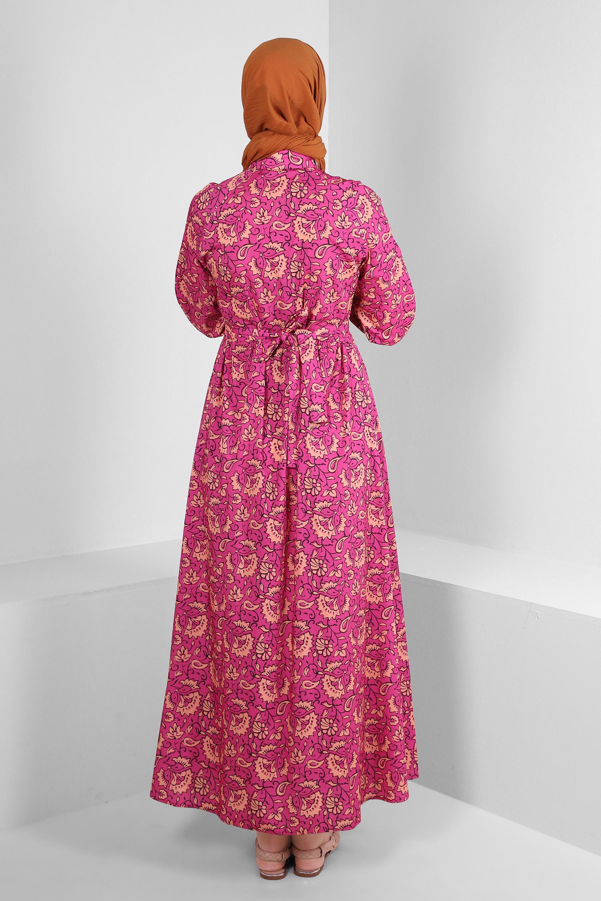 Tesettür giyim FUŞYA ETNİK DESENLİ DÜĞMELİ ELBİSE 43688