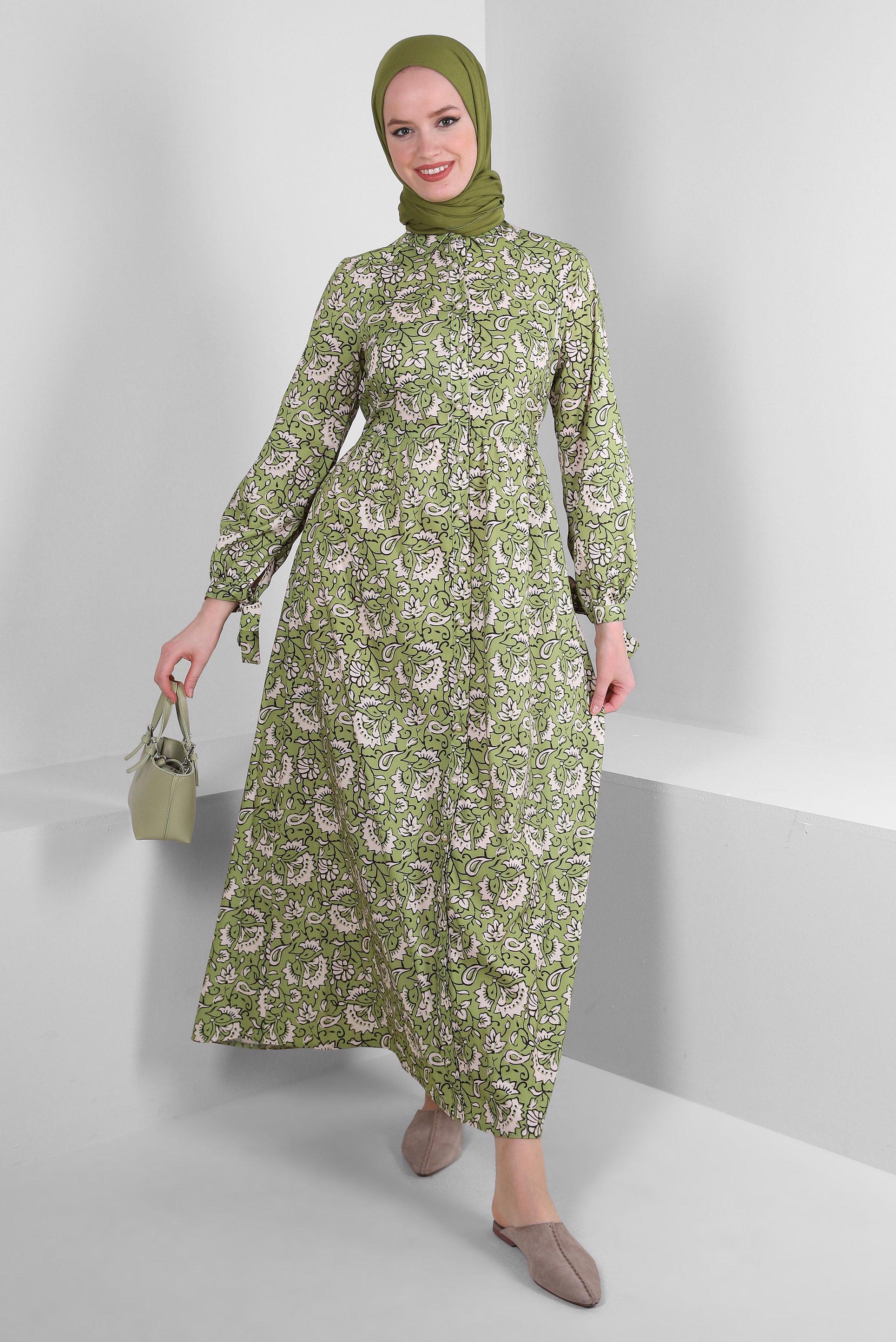 Tesettür giyim YEŞİL ETNİK DESENLİ DÜĞMELİ ELBİSE 43688