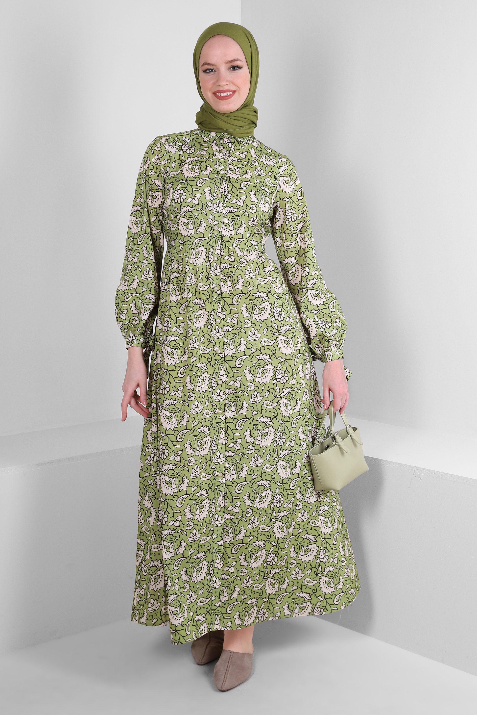 Tesettür giyim YEŞİL ETNİK DESENLİ DÜĞMELİ ELBİSE 43688