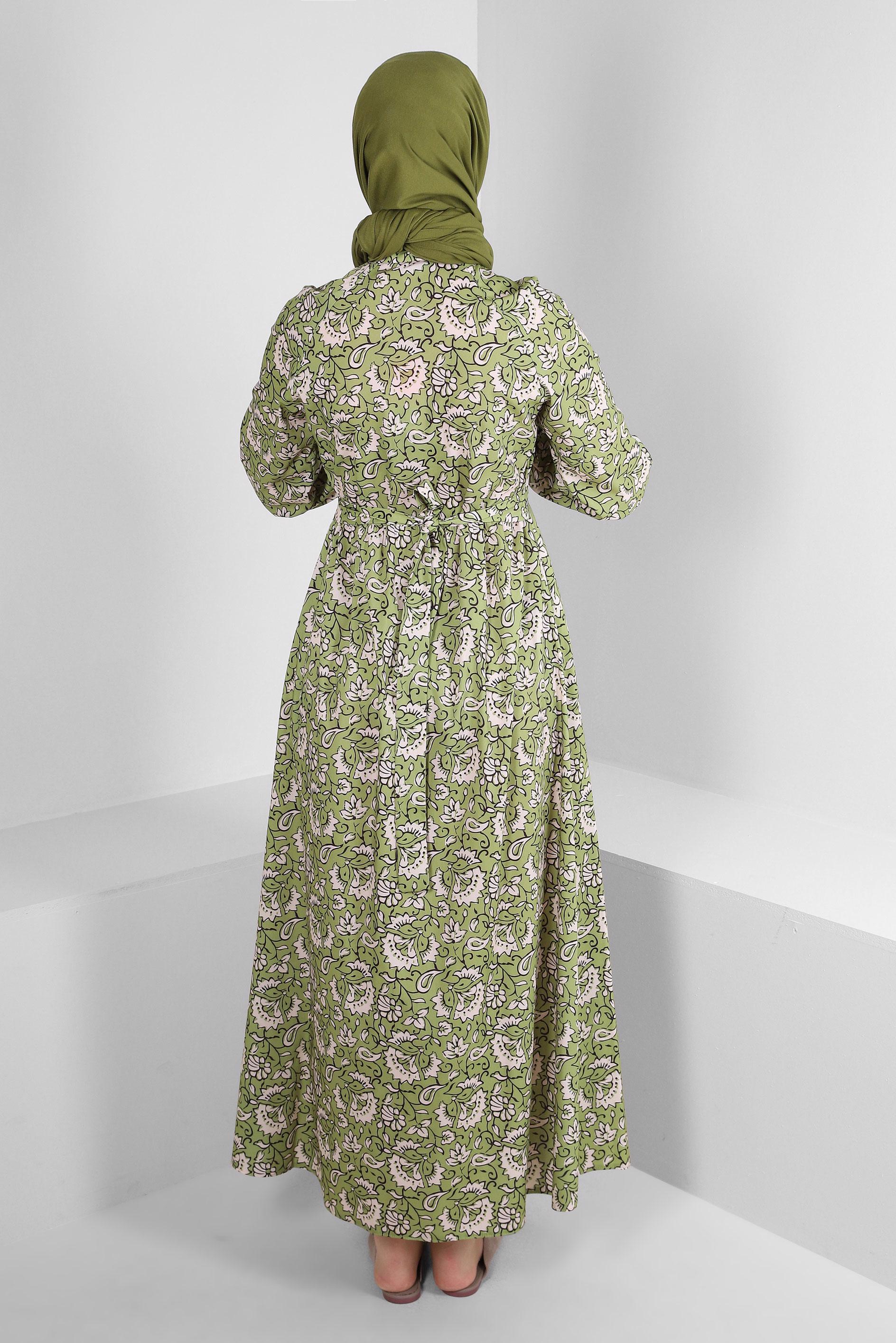 Tesettür giyim YEŞİL ETNİK DESENLİ DÜĞMELİ ELBİSE 43688