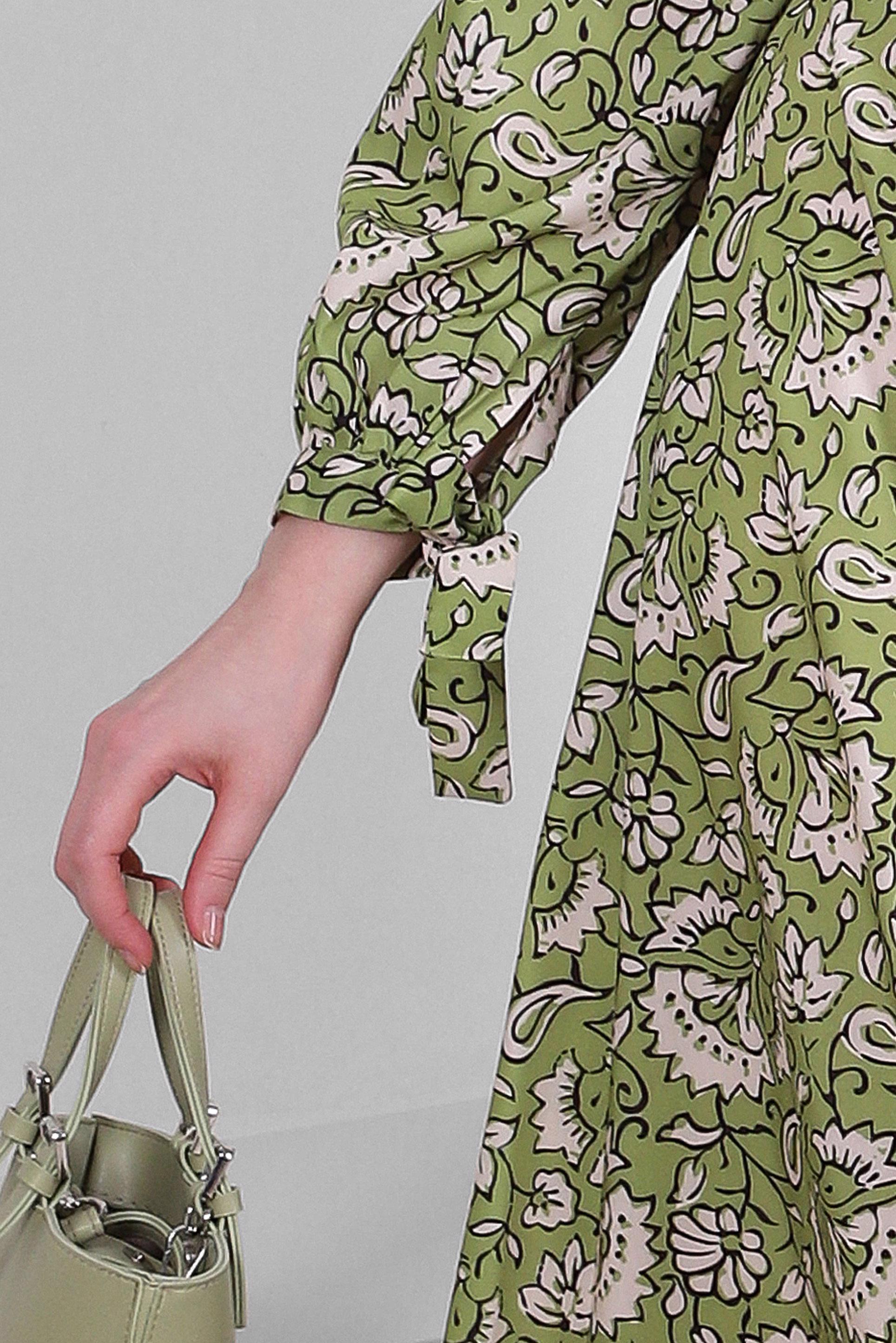 Tesettür giyim YEŞİL ETNİK DESENLİ DÜĞMELİ ELBİSE 43688