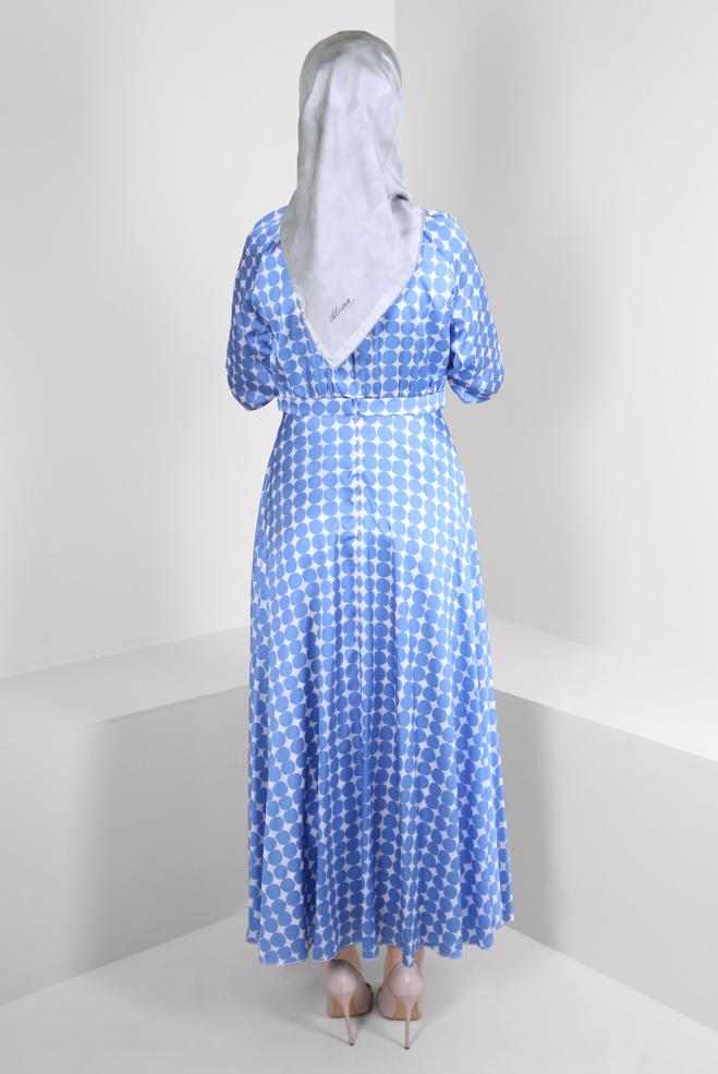 Tesettür giyim MAVİ GEOMETRİK DESENLİ KEMERLİ ELBİSE 43689 - ALVİNA