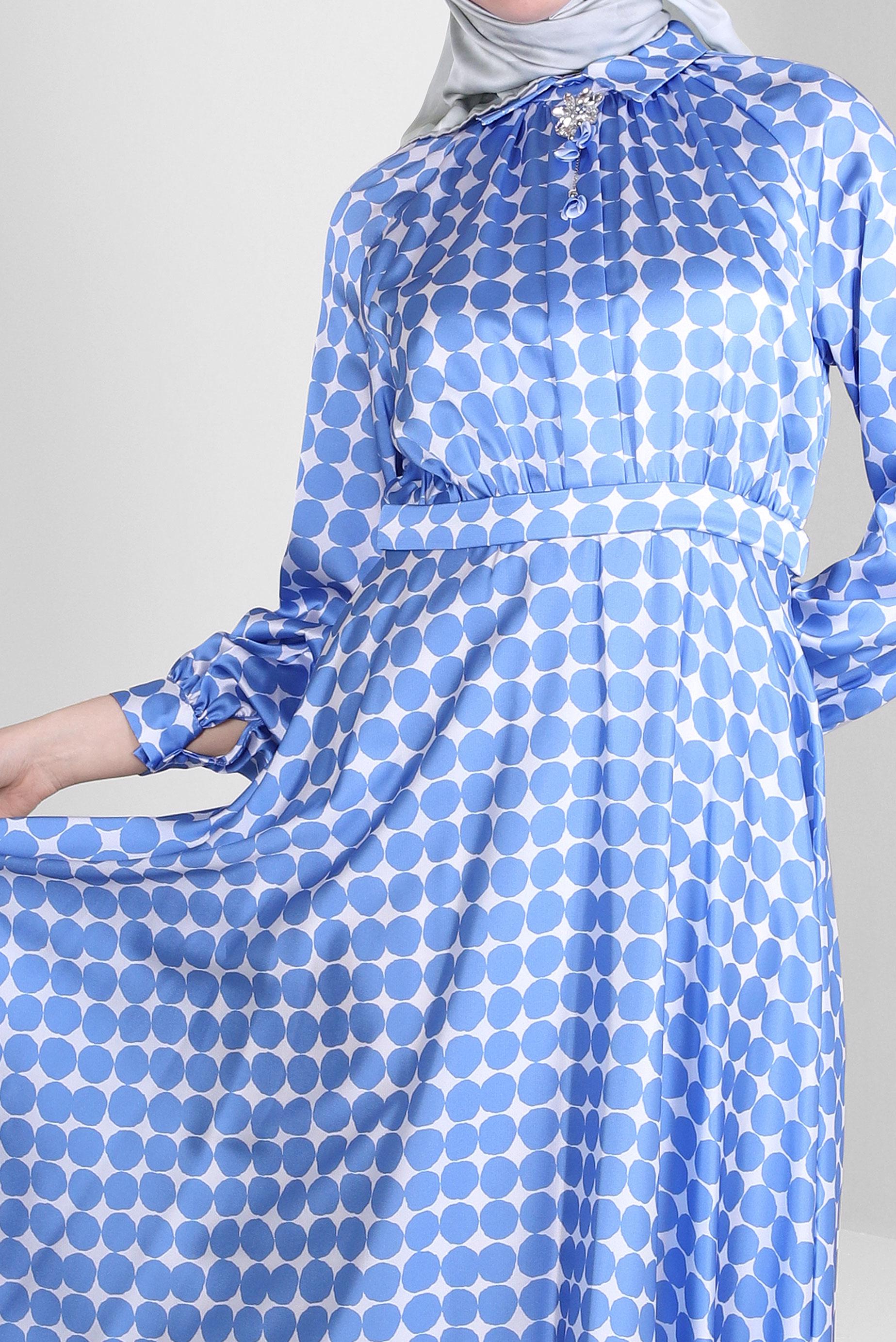 Tesettür giyim MAVİ GEOMETRİK DESENLİ KEMERLİ ELBİSE 43689