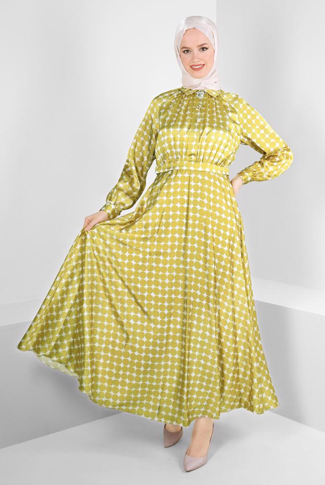 Tesettür giyim YEŞİL GEOMETRİK DESENLİ KEMERLİ ELBİSE 43689 - ALVİNA
