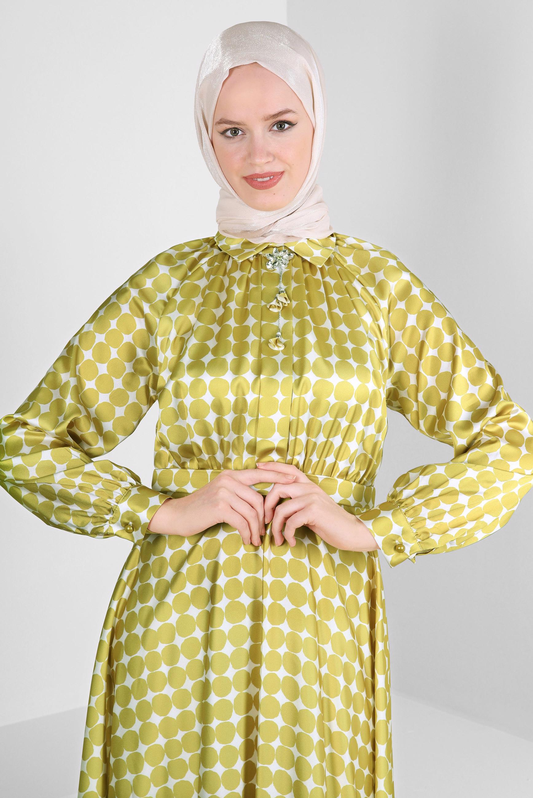Tesettür giyim YEŞİL GEOMETRİK DESENLİ KEMERLİ ELBİSE 43689