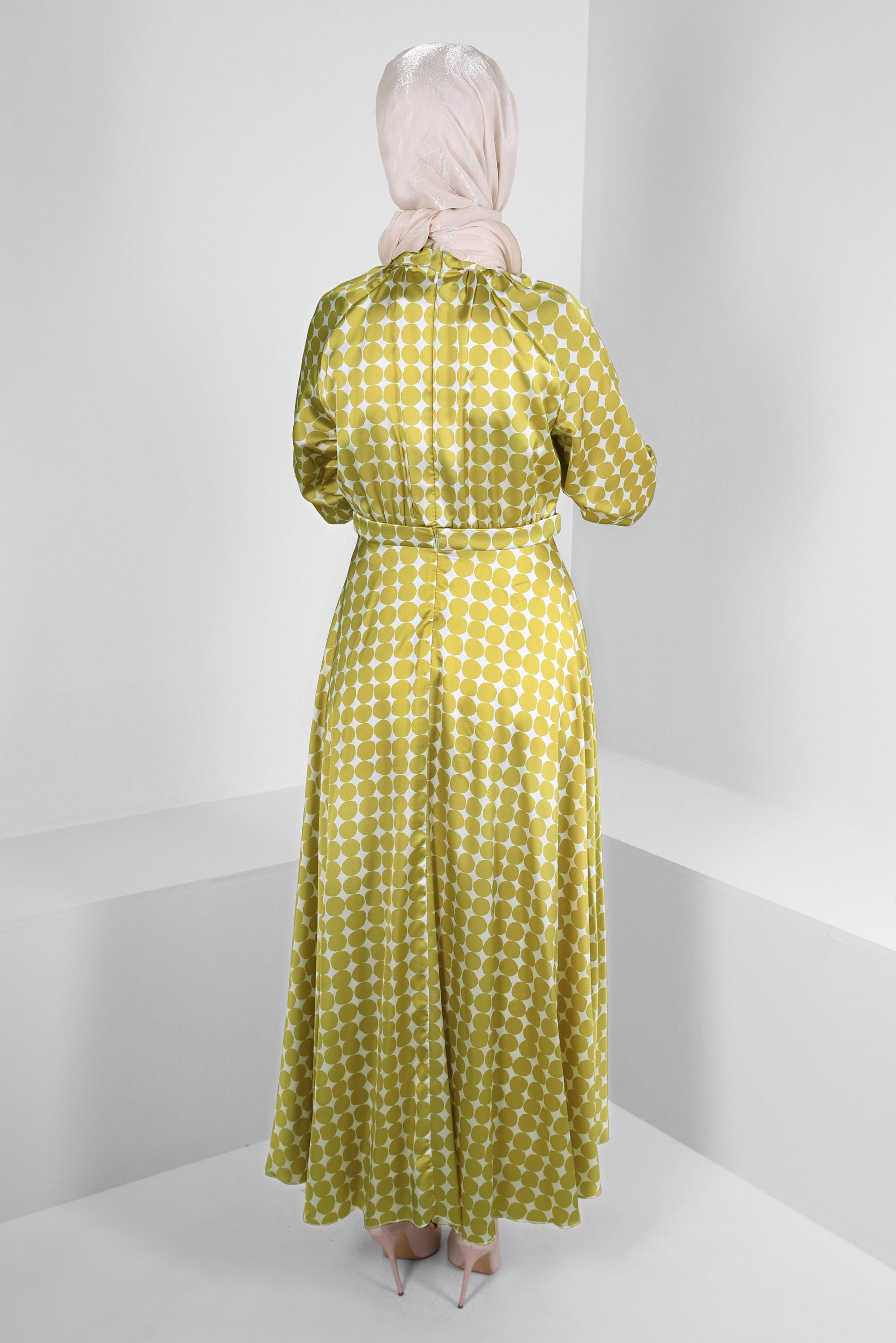 Tesettür giyim YEŞİL GEOMETRİK DESENLİ KEMERLİ ELBİSE 43689