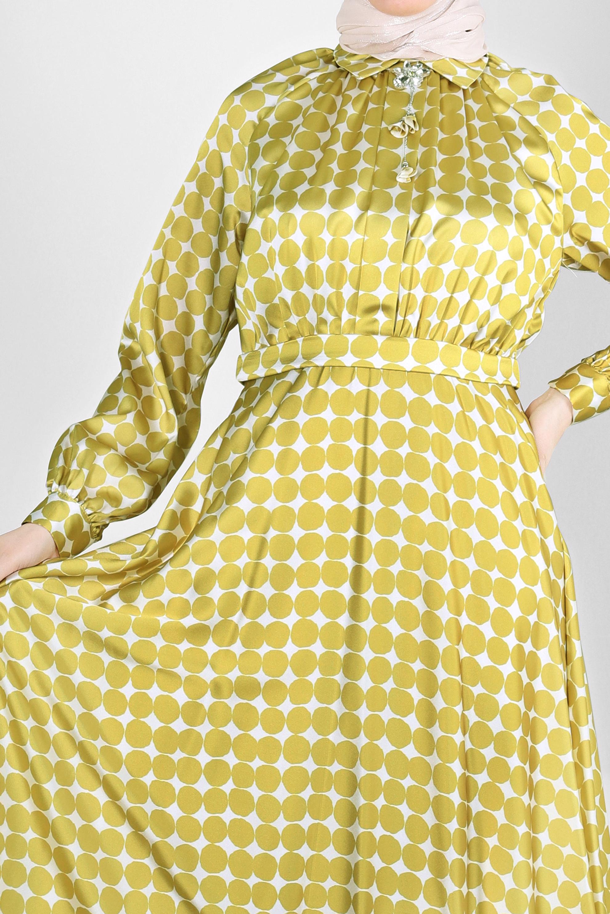 Tesettür giyim YEŞİL GEOMETRİK DESENLİ KEMERLİ ELBİSE 43689