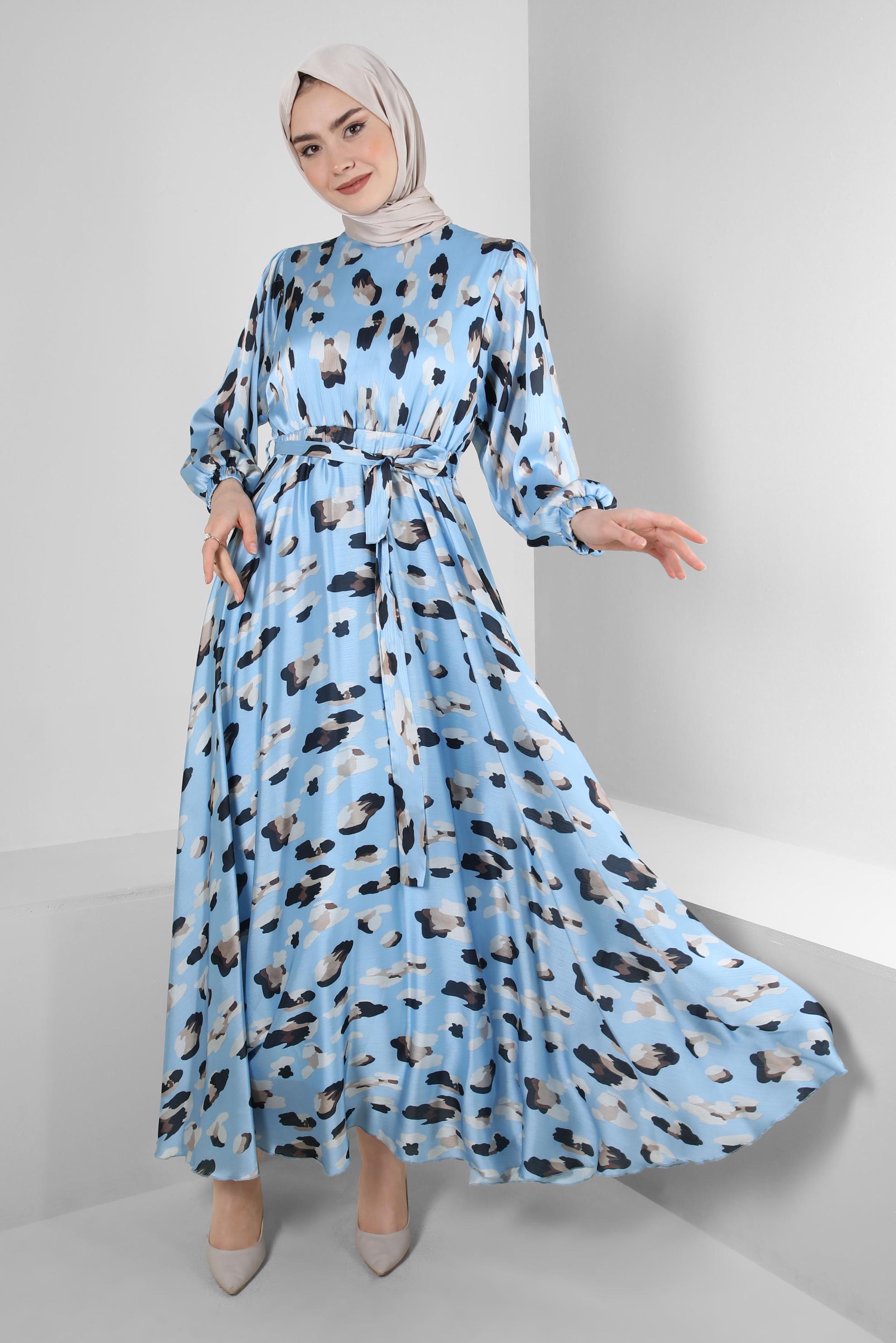 Tesettür giyim MAVİ DESENLİ BELİ LASTİKLİ KUŞAKLI ELBİSE 43719