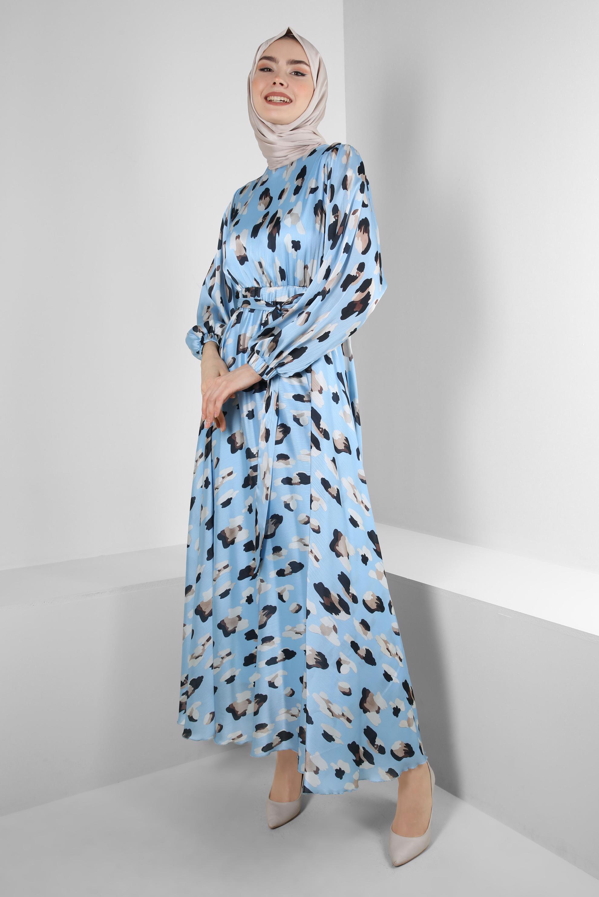 Tesettür giyim MAVİ DESENLİ BELİ LASTİKLİ KUŞAKLI ELBİSE 43719