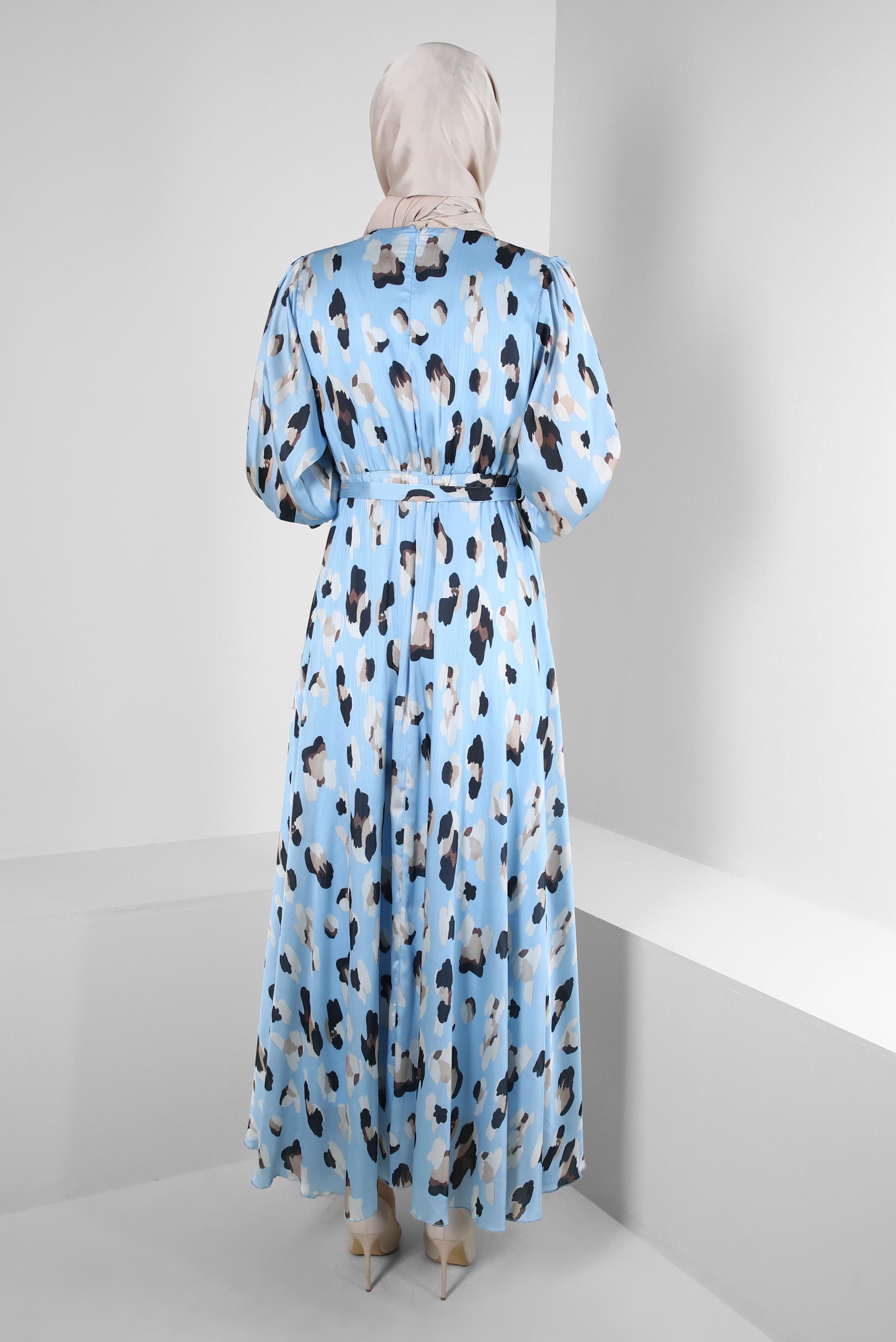 Tesettür giyim MAVİ DESENLİ BELİ LASTİKLİ KUŞAKLI ELBİSE 43719