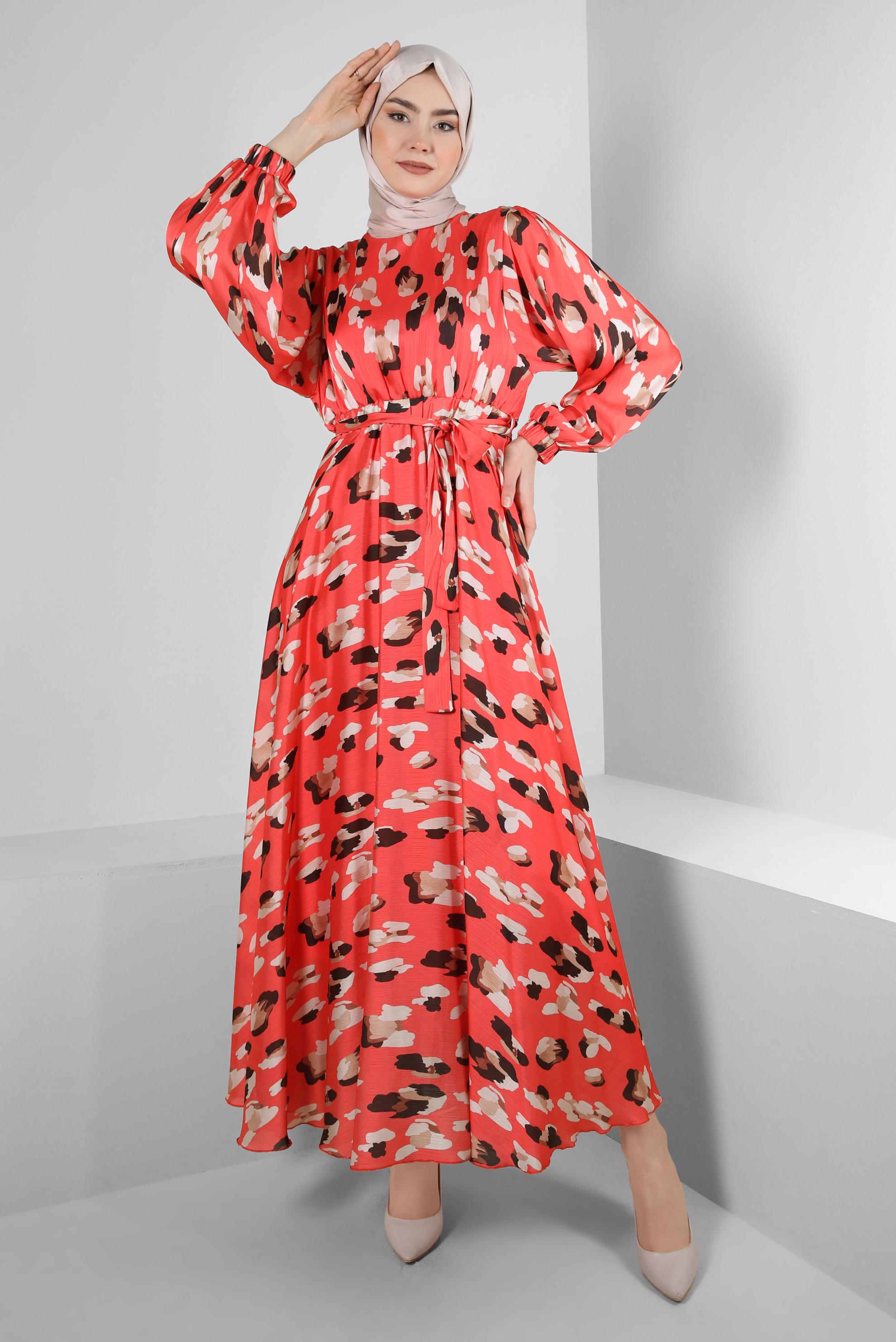 Tesettür giyim MERCAN DESENLİ BELİ LASTİKLİ KUŞAKLI ELBİSE 43719