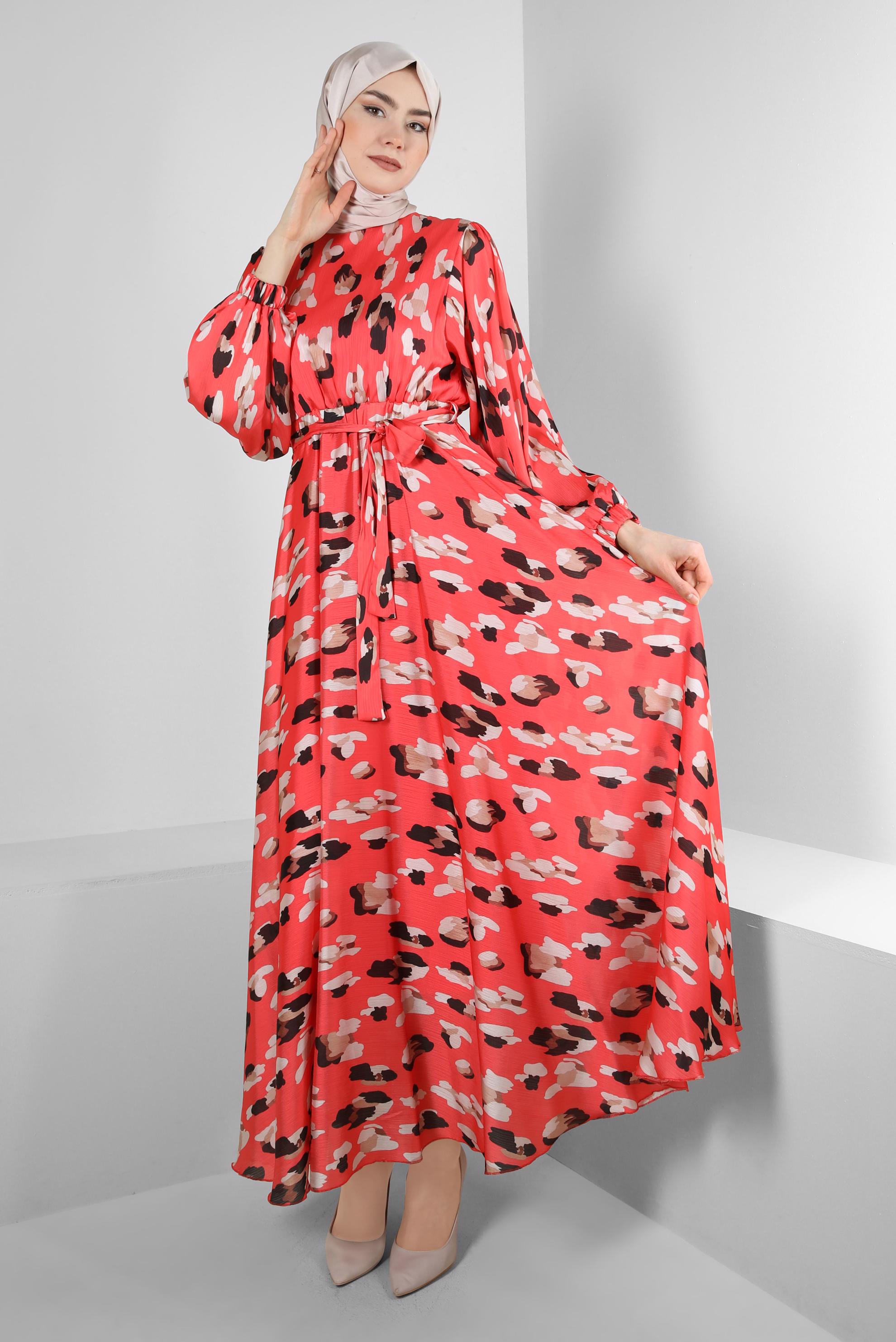 Tesettür giyim MERCAN DESENLİ BELİ LASTİKLİ KUŞAKLI ELBİSE 43719