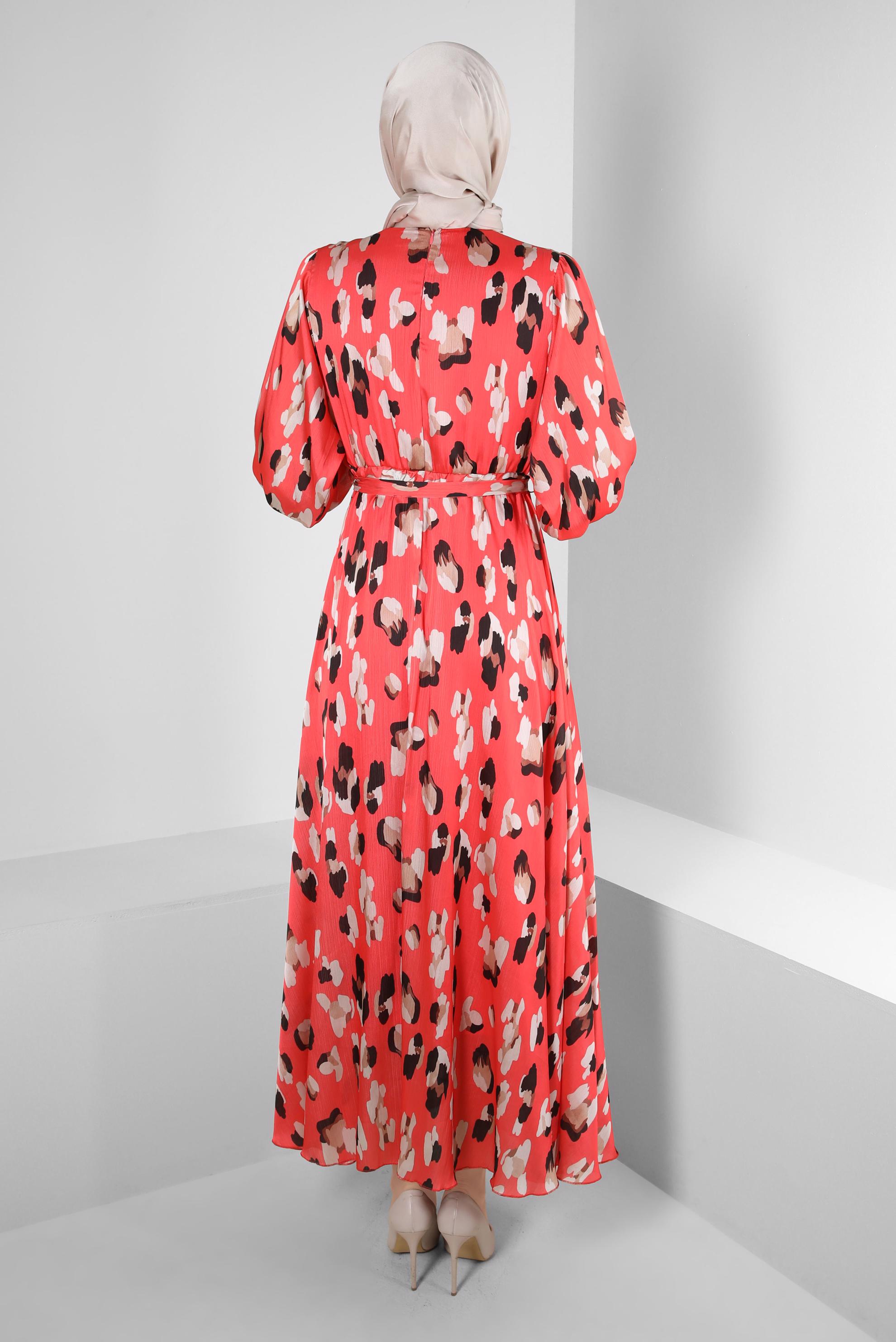 Tesettür giyim MERCAN DESENLİ BELİ LASTİKLİ KUŞAKLI ELBİSE 43719