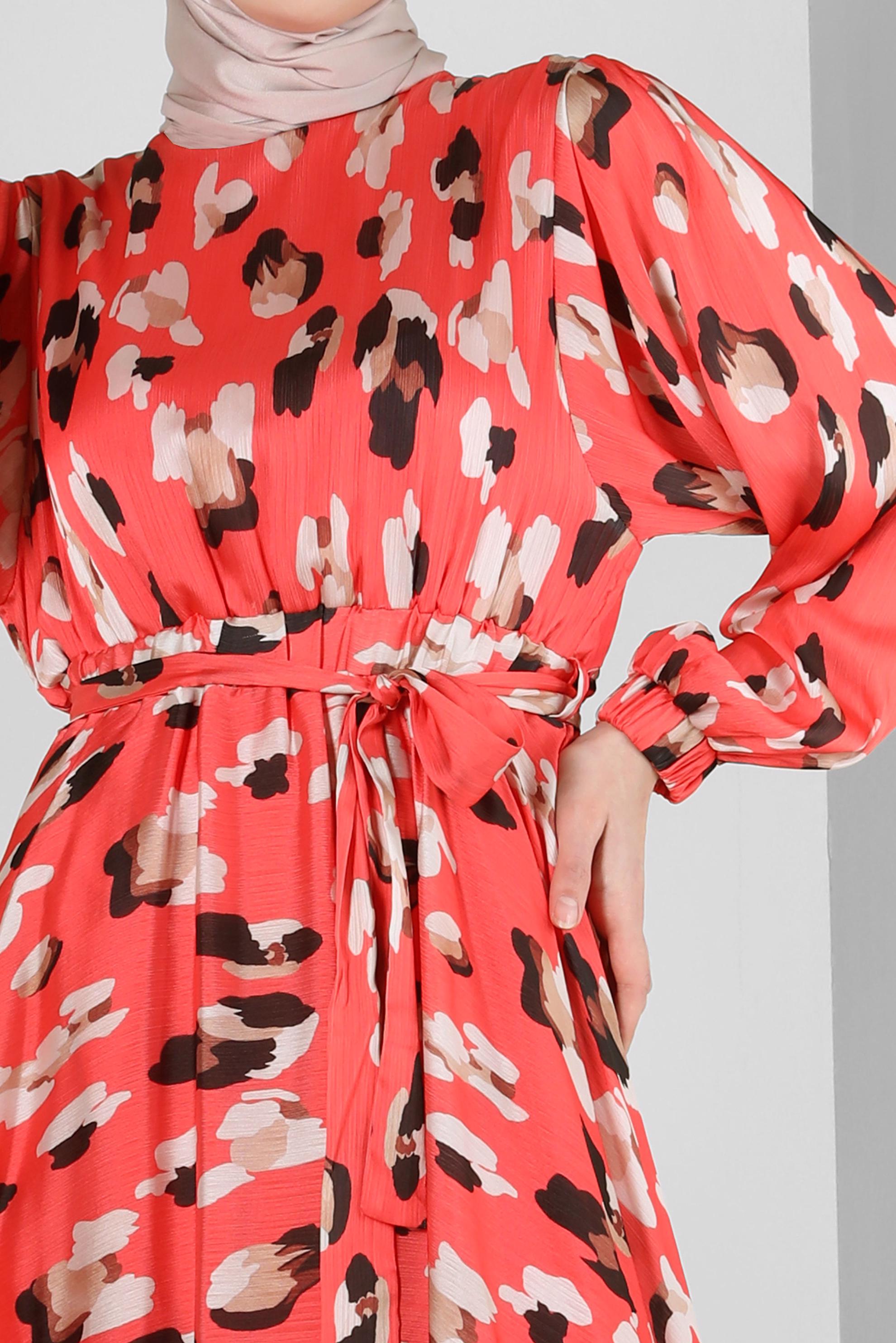 Tesettür giyim MERCAN DESENLİ BELİ LASTİKLİ KUŞAKLI ELBİSE 43719