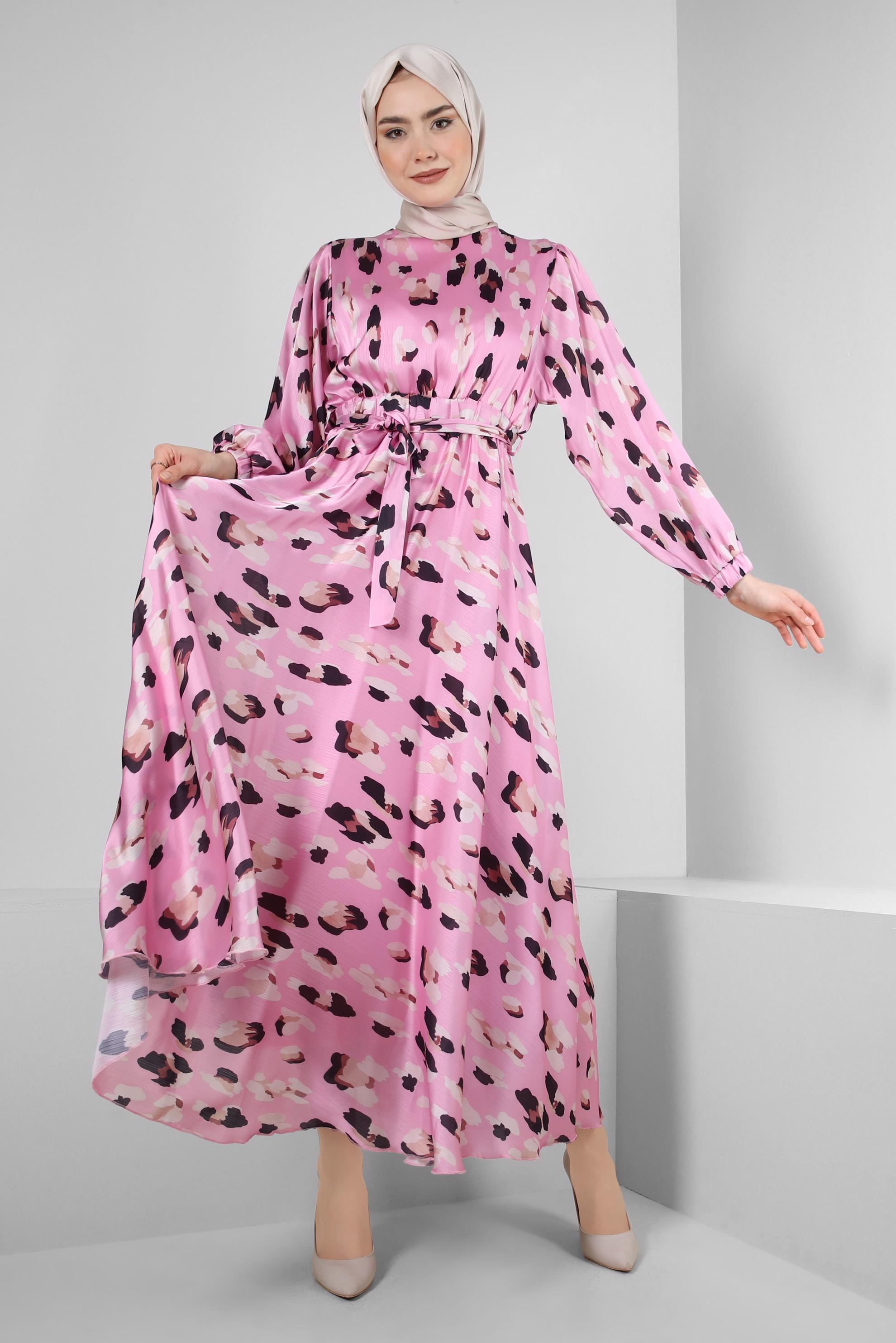 Tesettür giyim PEMBE DESENLİ BELİ LASTİKLİ KUŞAKLI ELBİSE 43719