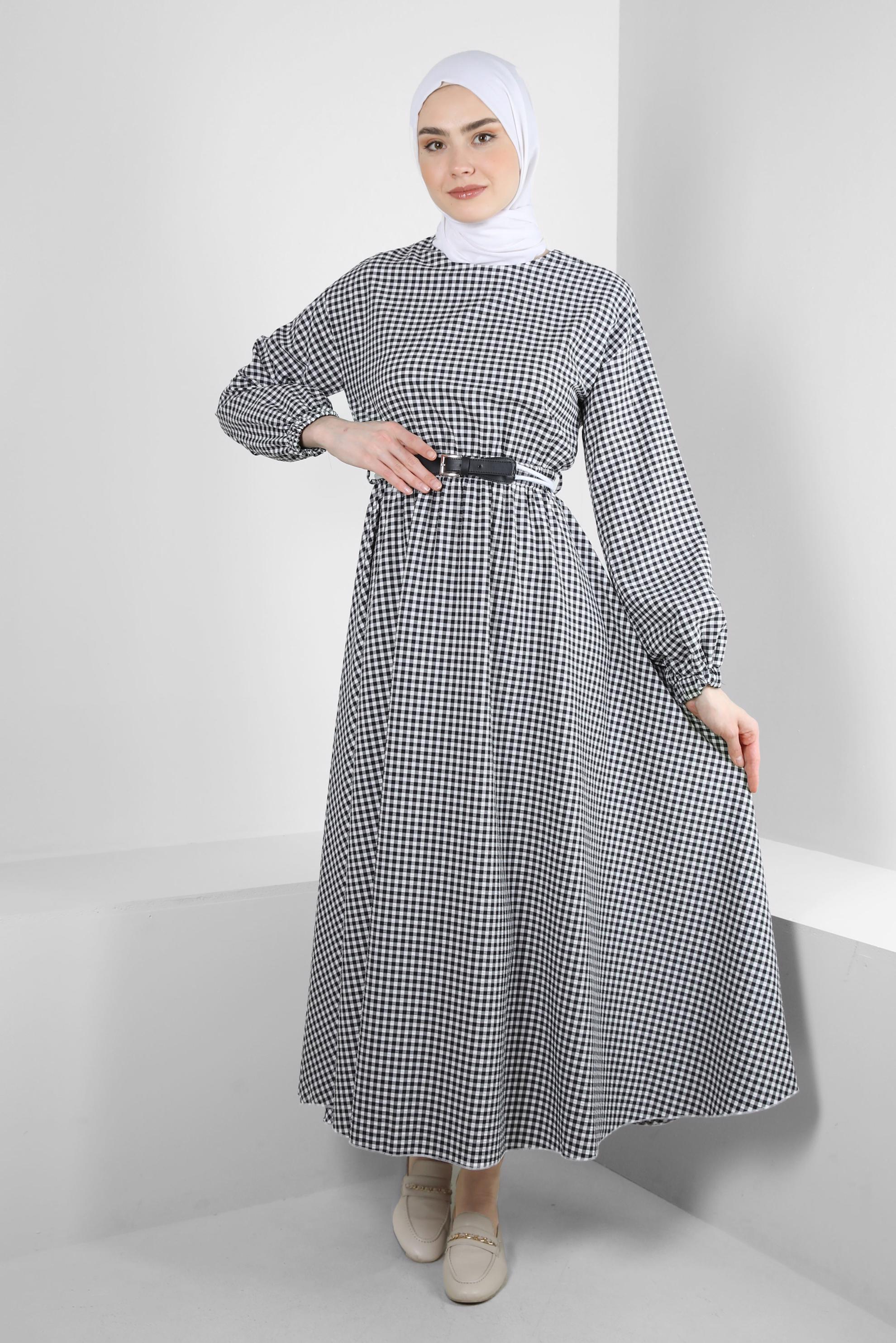 Tesettür giyim SİYAH PÖTİKARE DESENLİ MANŞETLERİ LASTİKLİ ELBİSE 43721