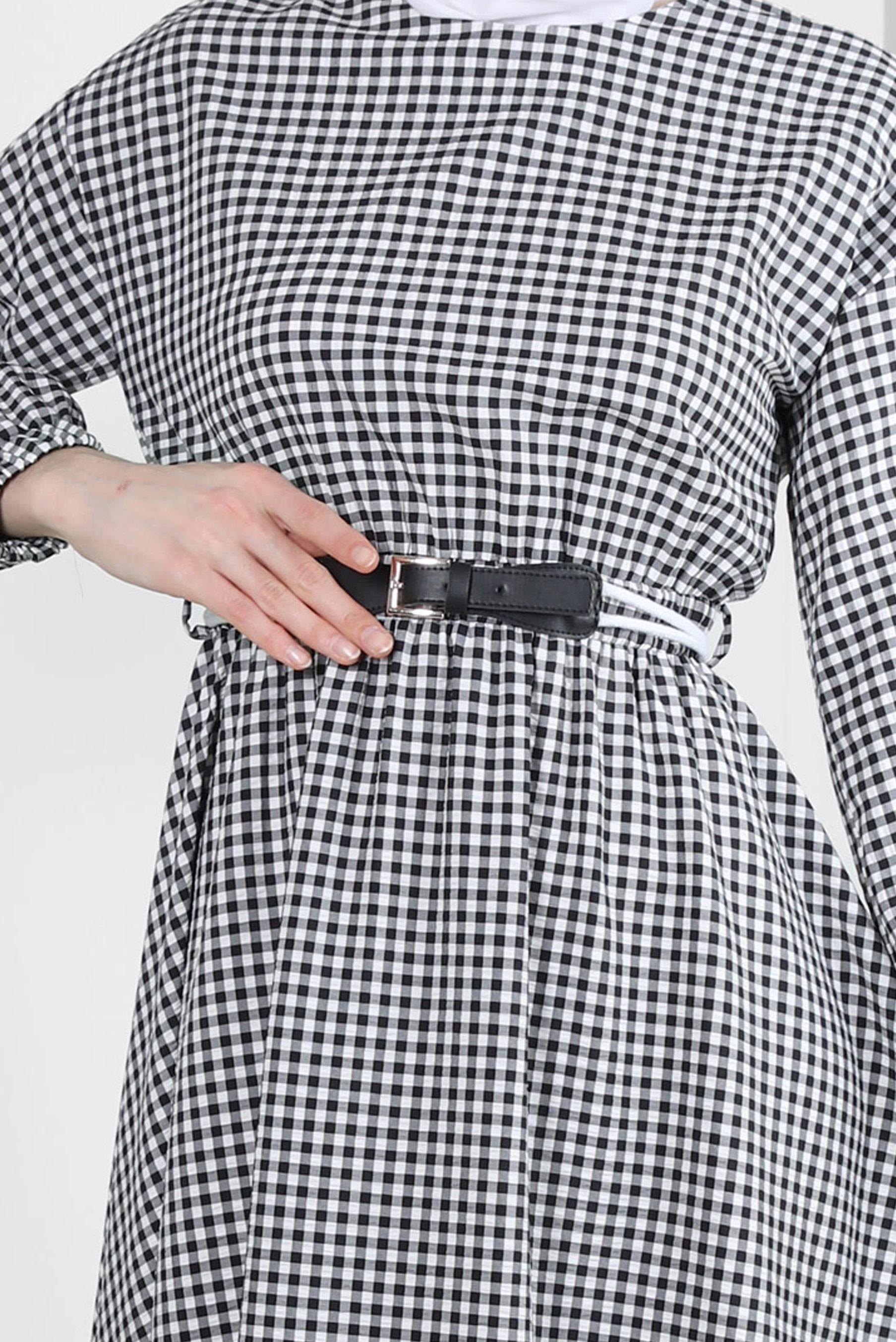 Tesettür giyim SİYAH PÖTİKARE DESENLİ MANŞETLERİ LASTİKLİ ELBİSE 43721