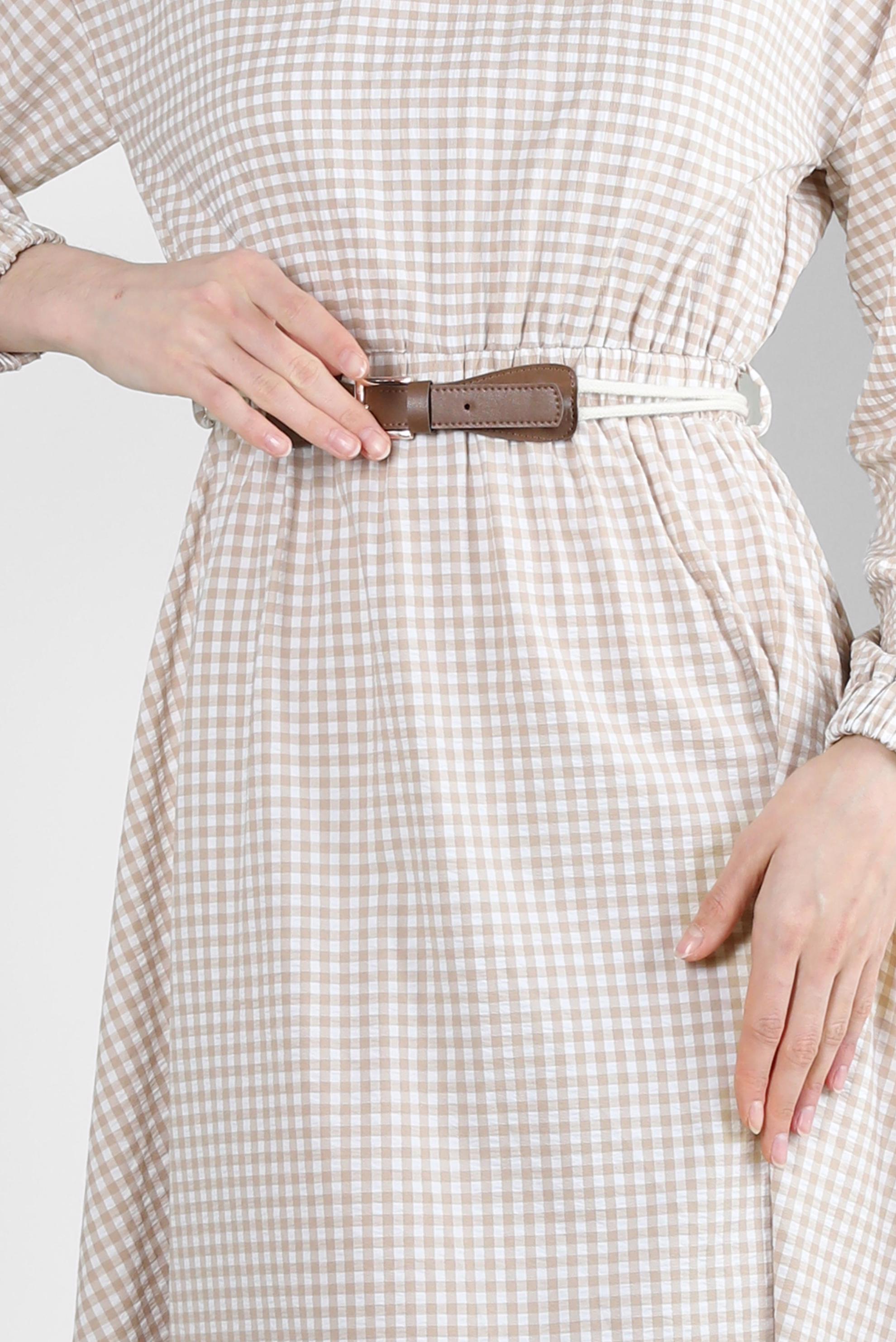 Tesettür giyim BEJ PÖTİKARE DESENLİ MANŞETLERİ LASTİKLİ ELBİSE 43721