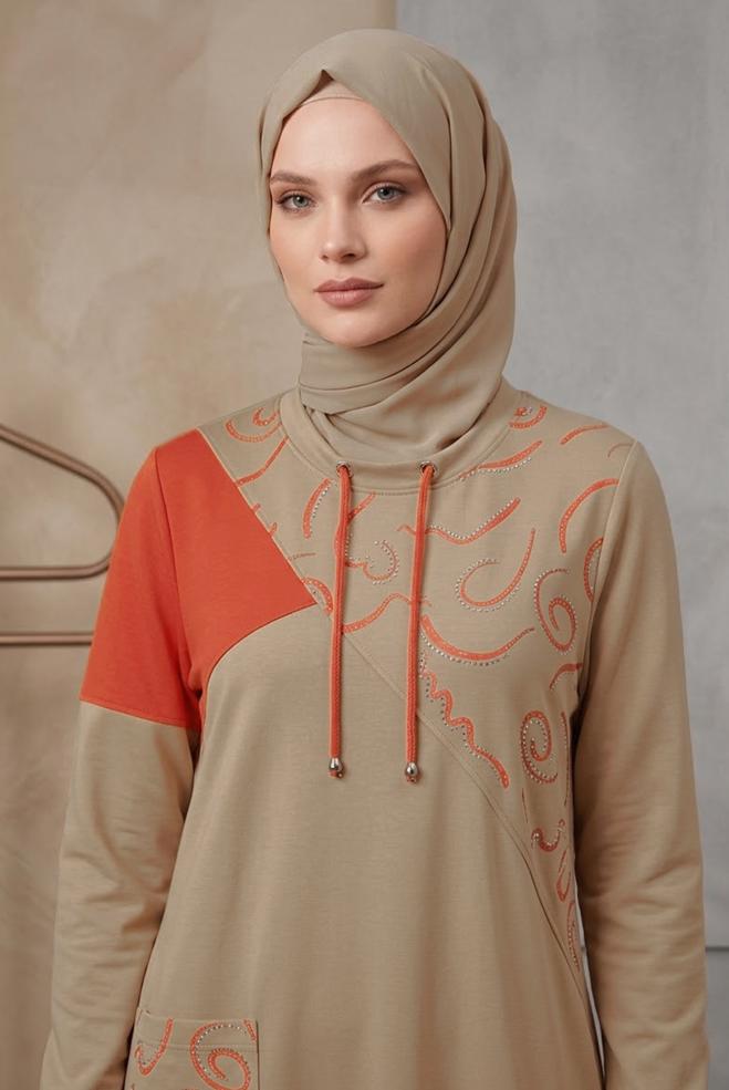 Vêtements hijab BEIGE ROBE SURVÊTEMENT À MOTIFS AVEC DÉTAIL GEM 43724 - ALVİNA
