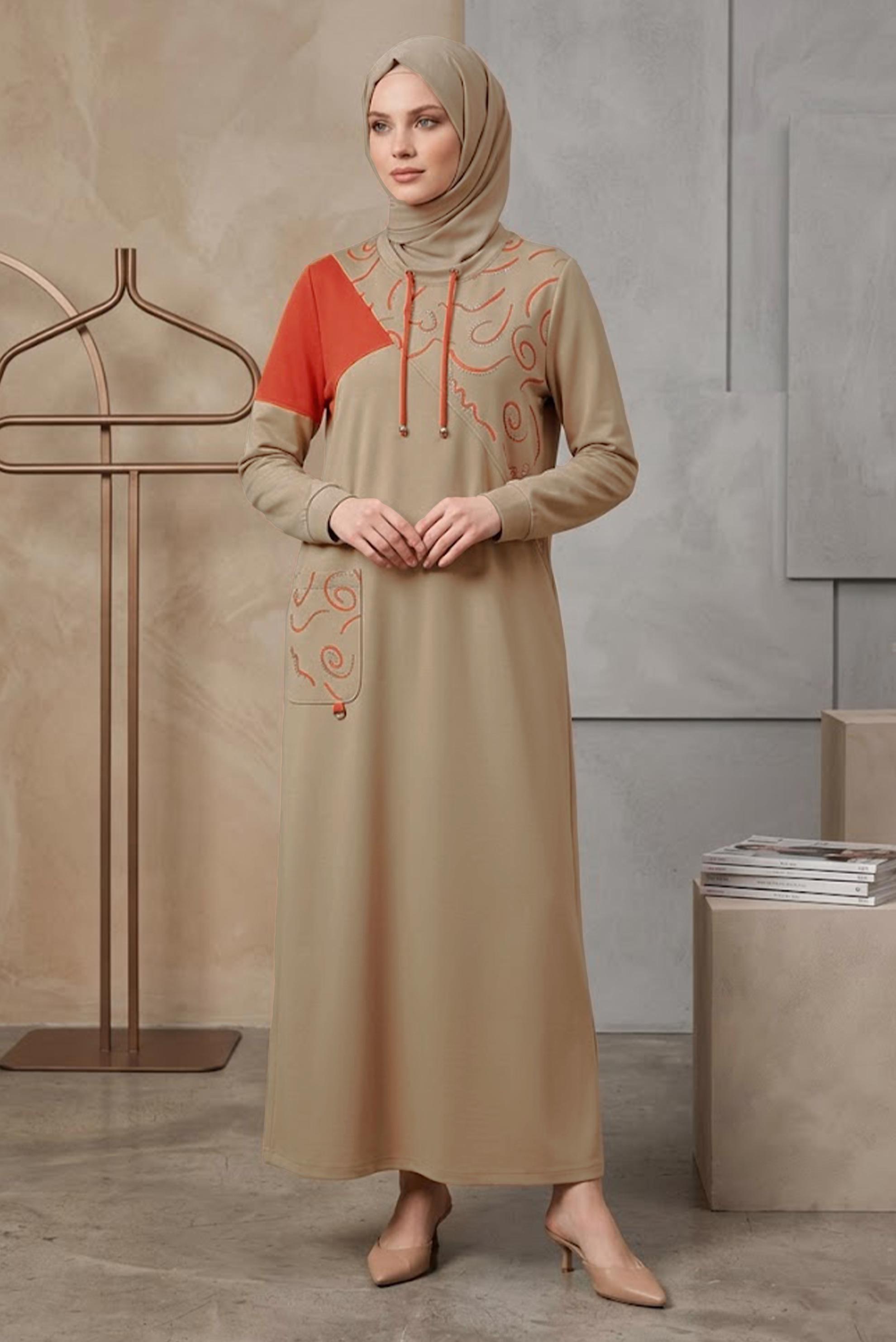 Vêtements hijab BEIGE ROBE SURVÊTEMENT À MOTIFS AVEC DÉTAIL GEM 43724