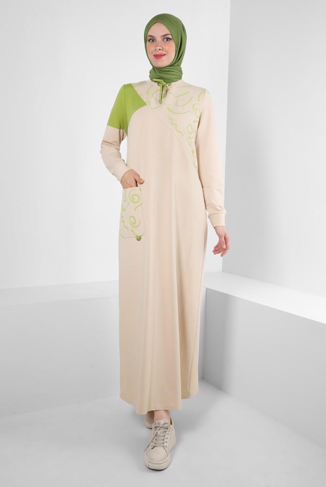 Hijab-Kleidung BEIGE GEMUSTERTES TRAININGSANZUG KLEID 43724 - ALVİNA