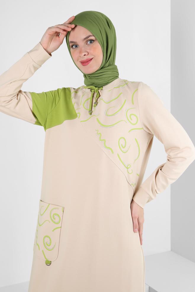 Hijab-Kleidung BEIGE GEMUSTERTES TRAININGSANZUG KLEID 43724 - ALVİNA