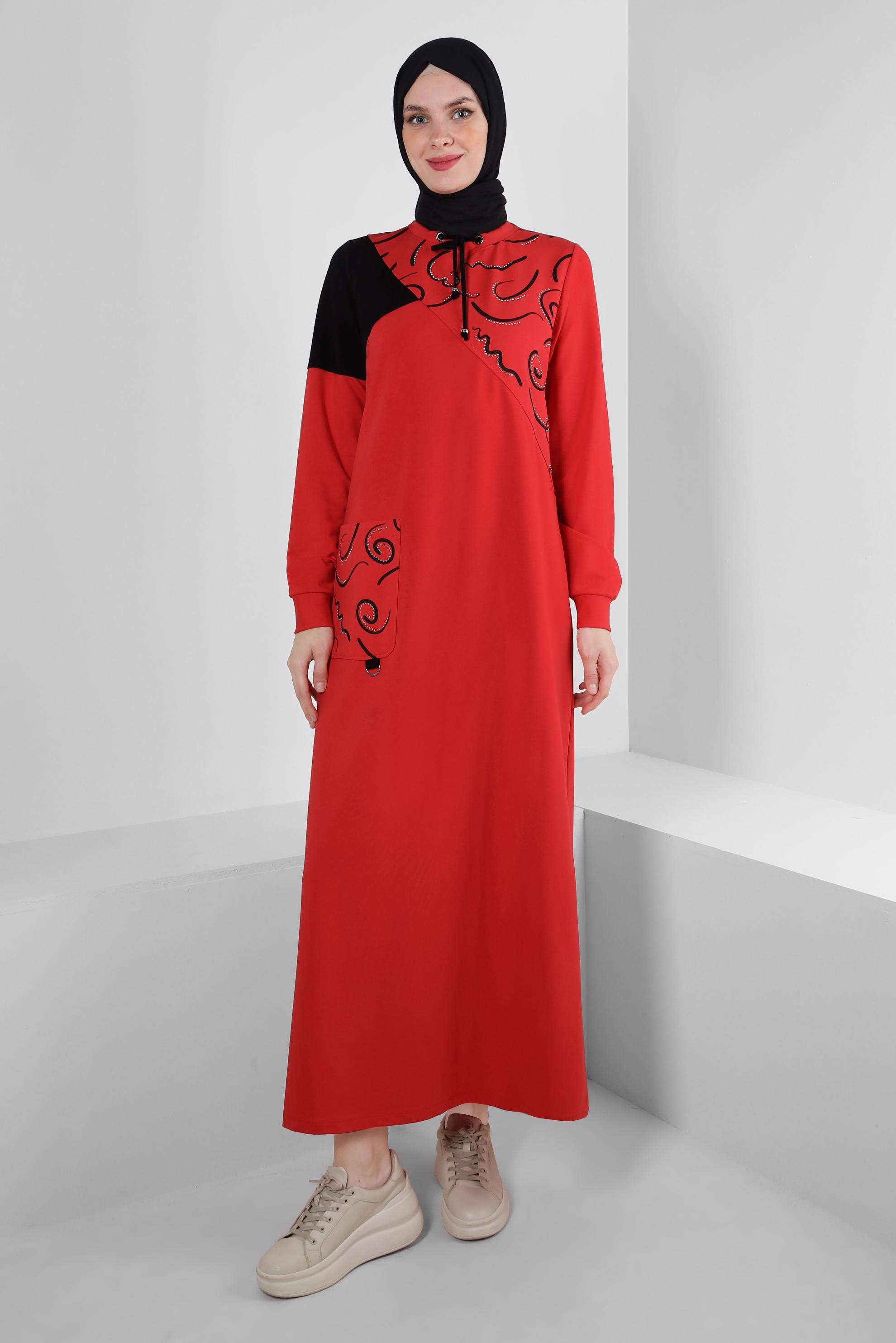 Vêtements hijab ROUGE ROBE SURVÊTEMENT À MOTIFS AVEC DÉTAIL GEM 43724