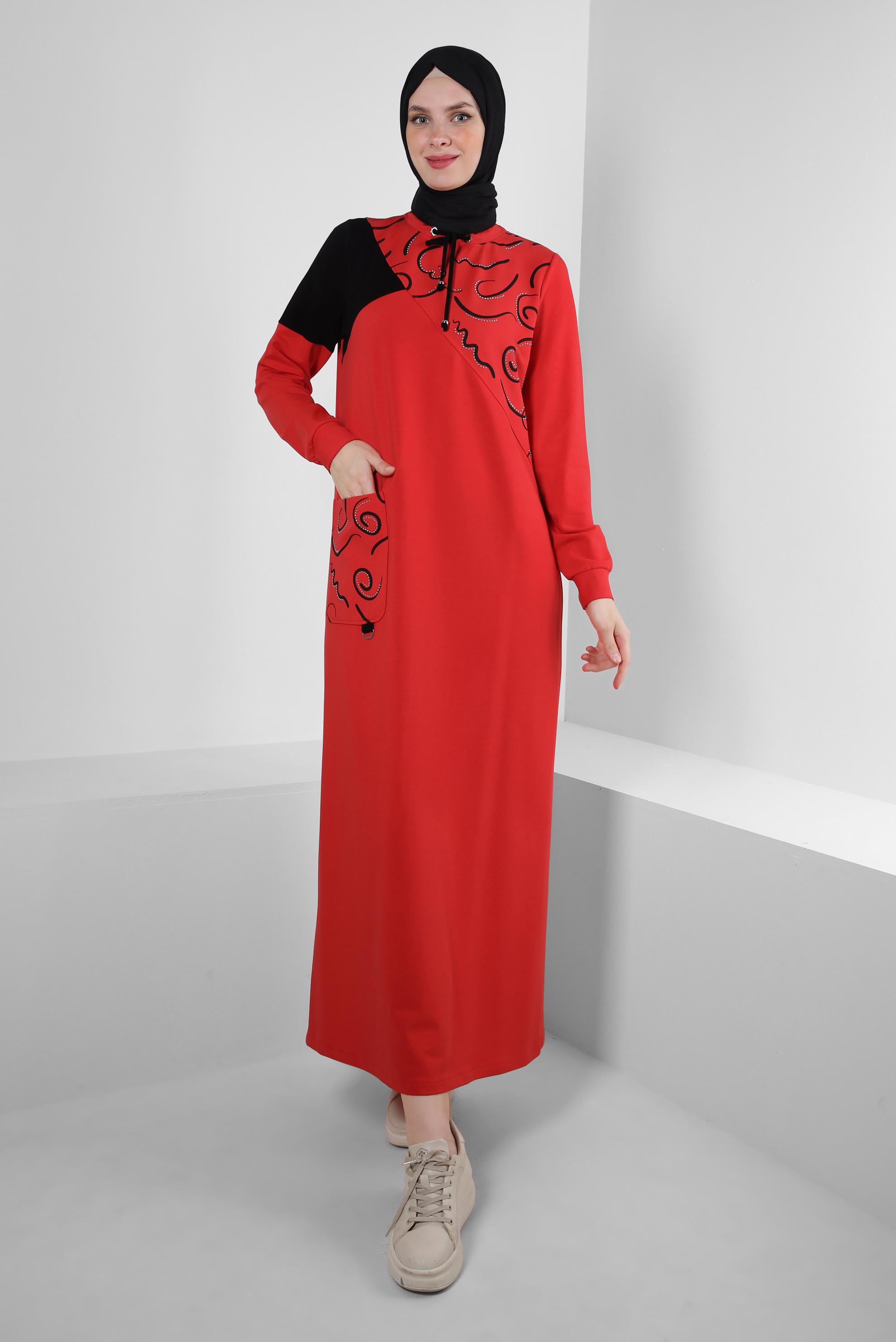 Vêtements hijab ROUGE ROBE SURVÊTEMENT À MOTIFS AVEC DÉTAIL GEM 43724