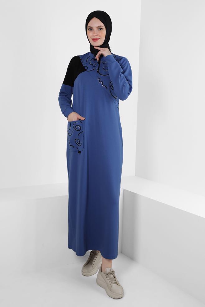 Hijab-Kleidung BLAU GEMUSTERTES TRAININGSANZUG KLEID 43724 - ALVİNA