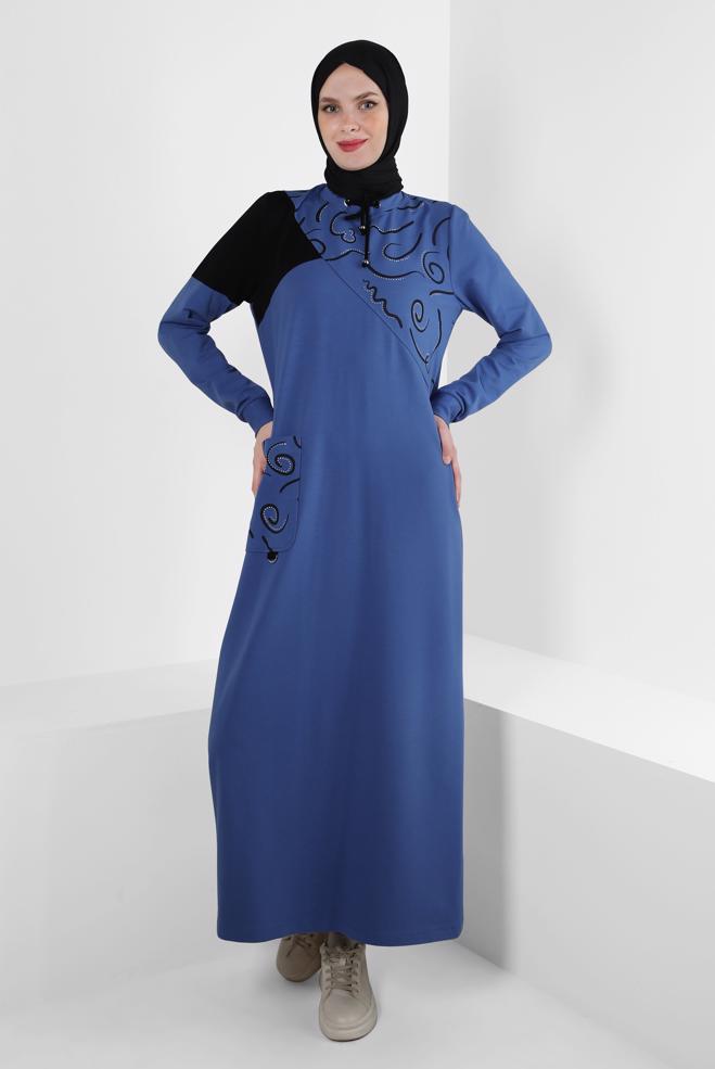 Hijab-Kleidung BLAU GEMUSTERTES TRAININGSANZUG KLEID 43724 - ALVİNA