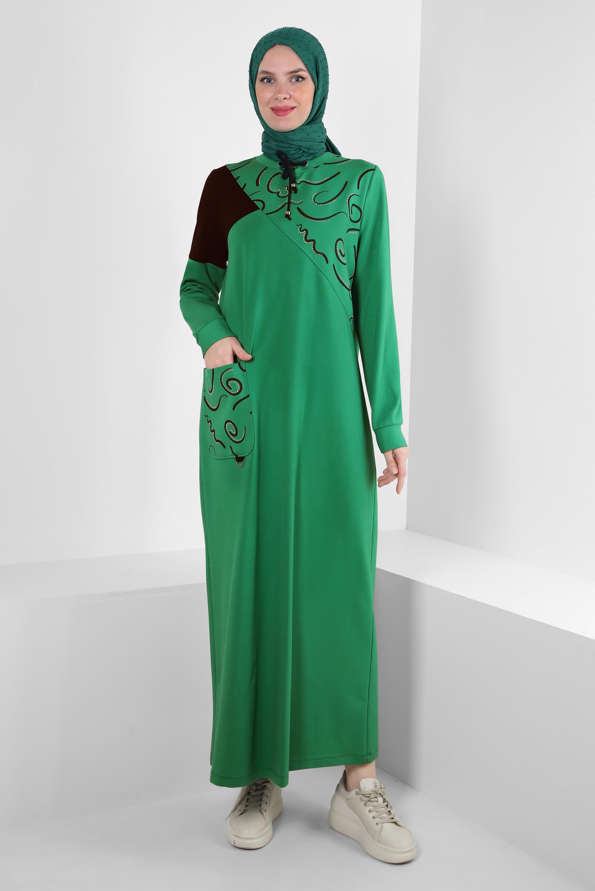 Vêtements hijab VERT ROBE SURVÊTEMENT À MOTIFS AVEC DÉTAIL GEM 43724