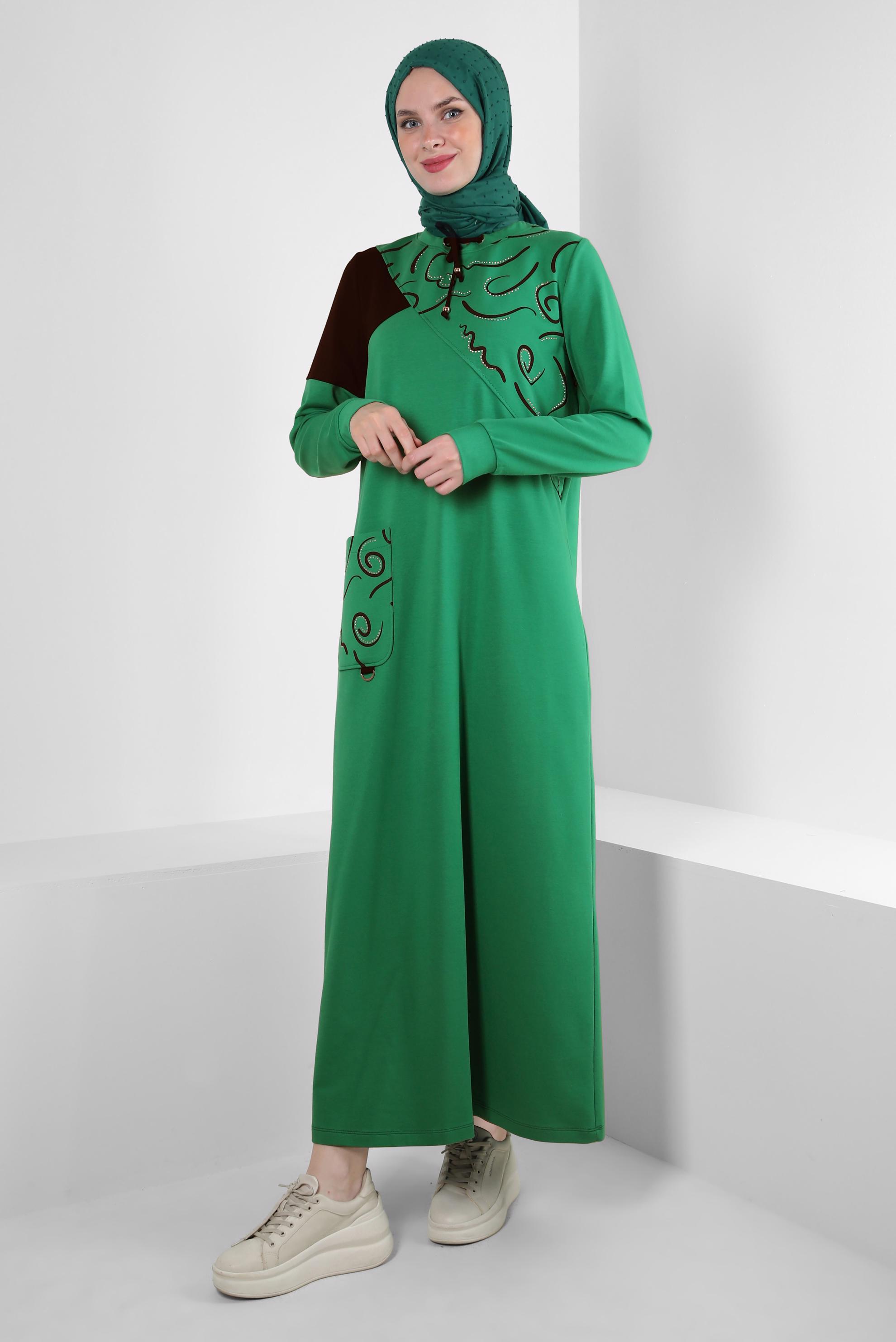 Vêtements hijab VERT ROBE SURVÊTEMENT À MOTIFS AVEC DÉTAIL GEM 43724