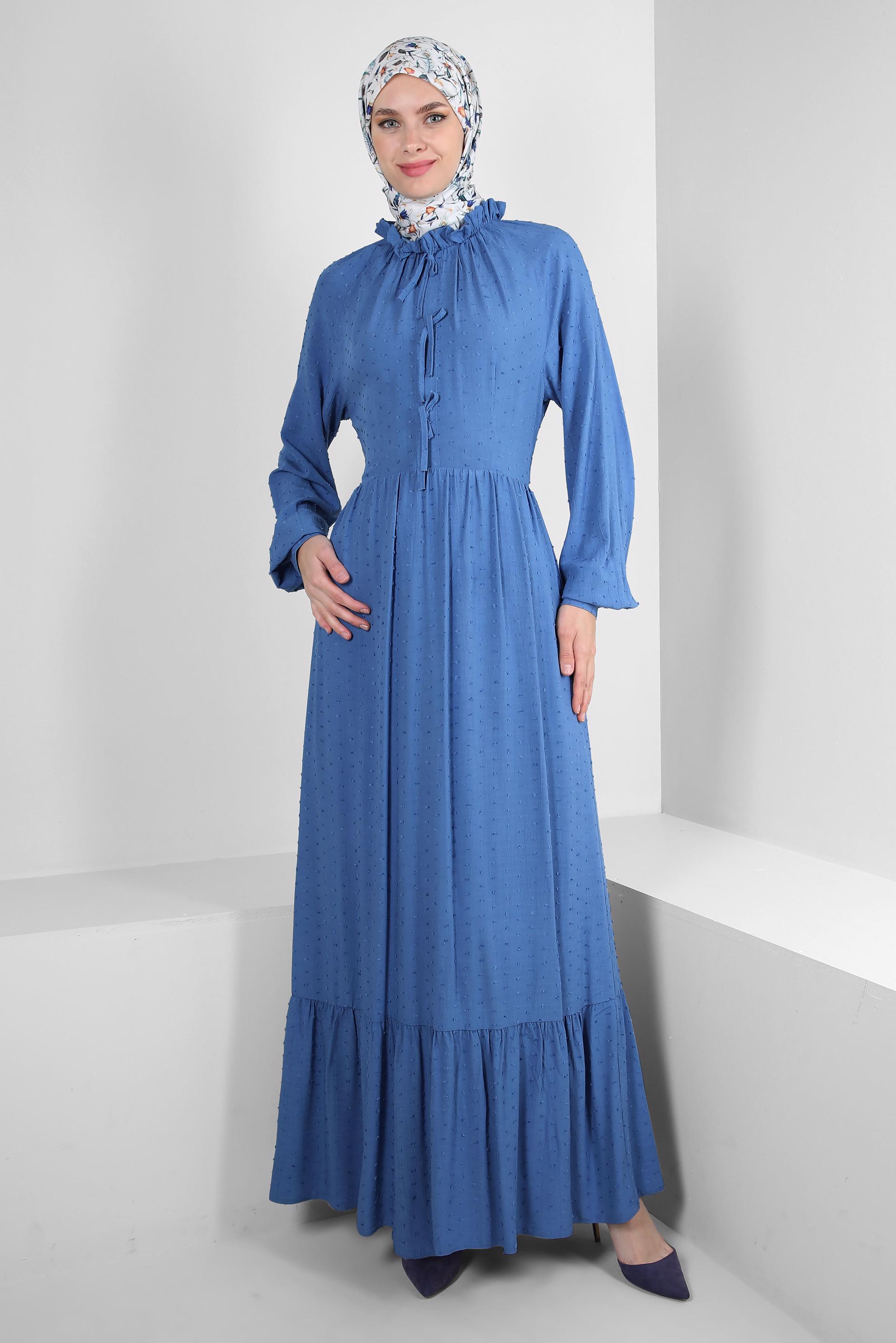 Tesettür giyim LACİVERT ROBALI BAĞLAMA DETAYLI ELBİSE 43744 