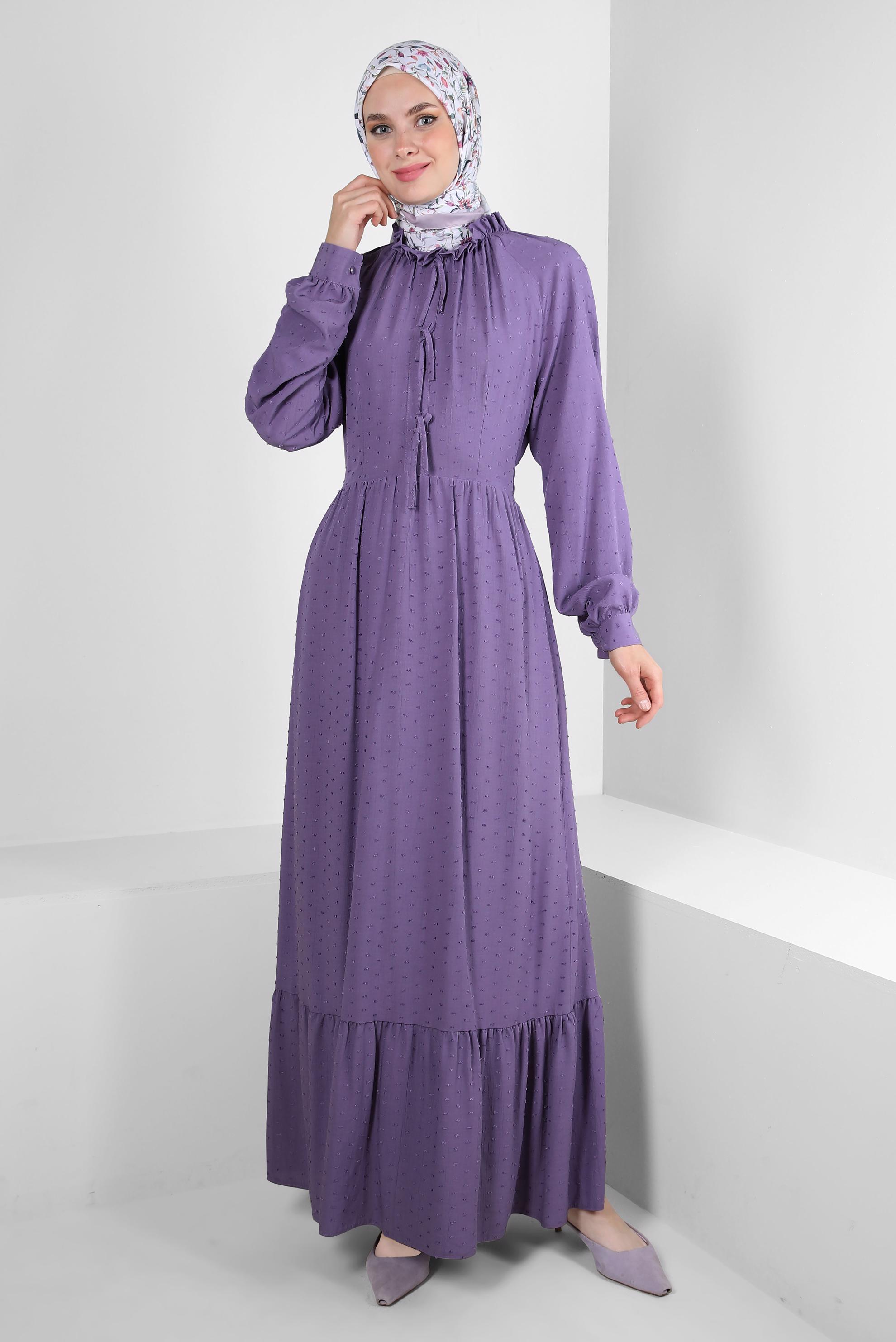 Tesettür giyim MOR ROBALI BAĞLAMA DETAYLI ELBİSE 43744 