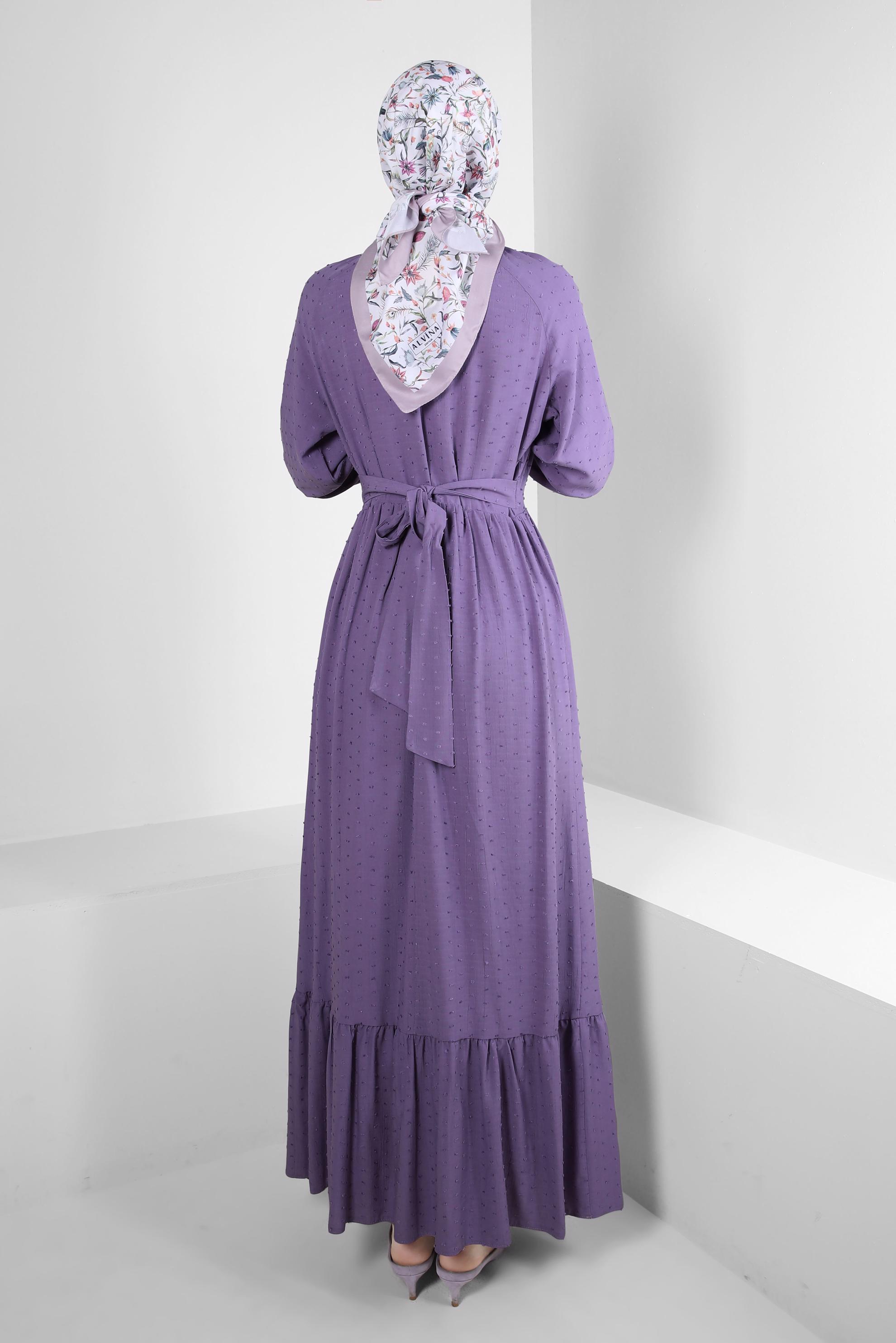 Tesettür giyim MOR ROBALI BAĞLAMA DETAYLI ELBİSE 43744 