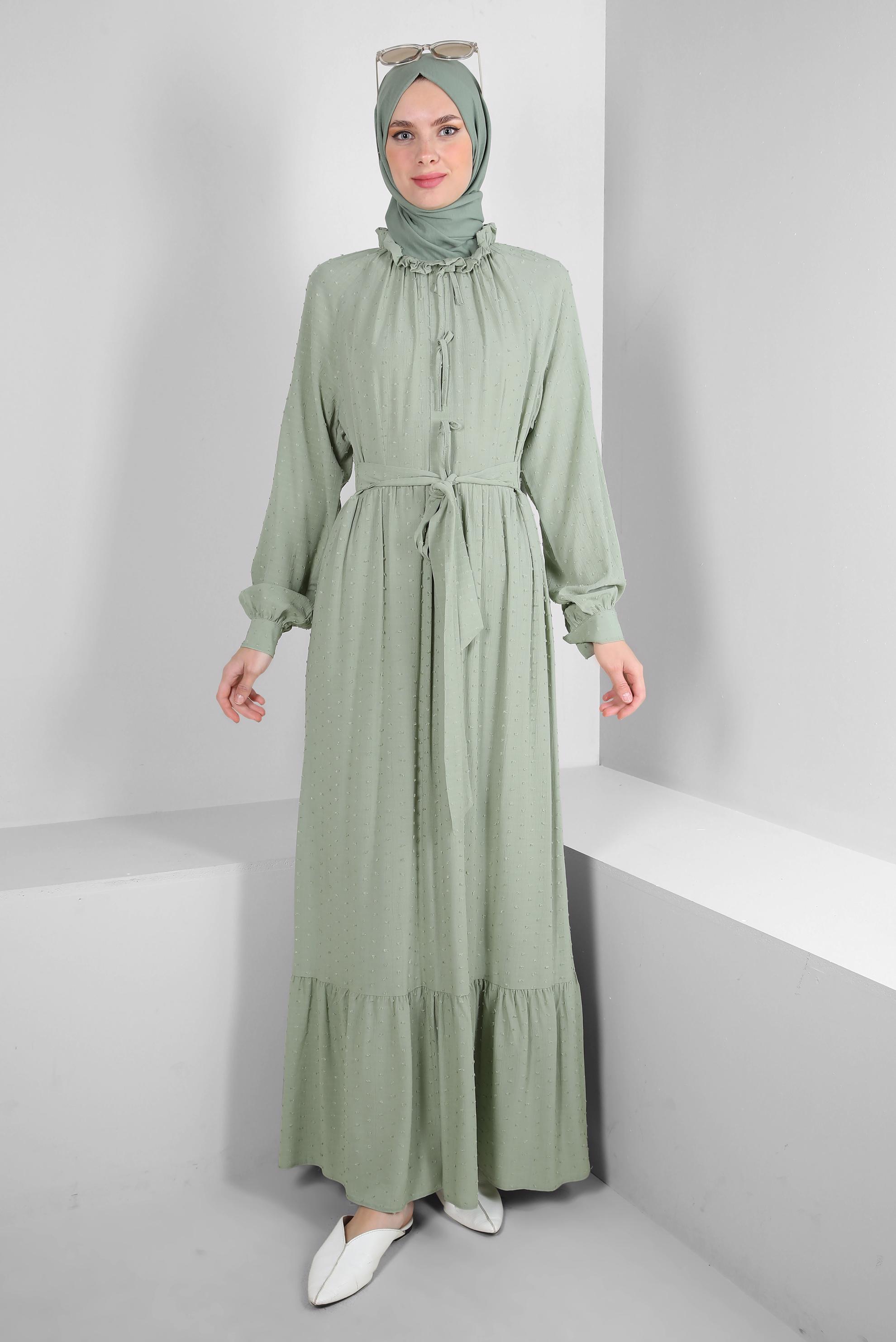 Tesettür giyim YEŞİL ROBALI BAĞLAMA DETAYLI ELBİSE 43744 