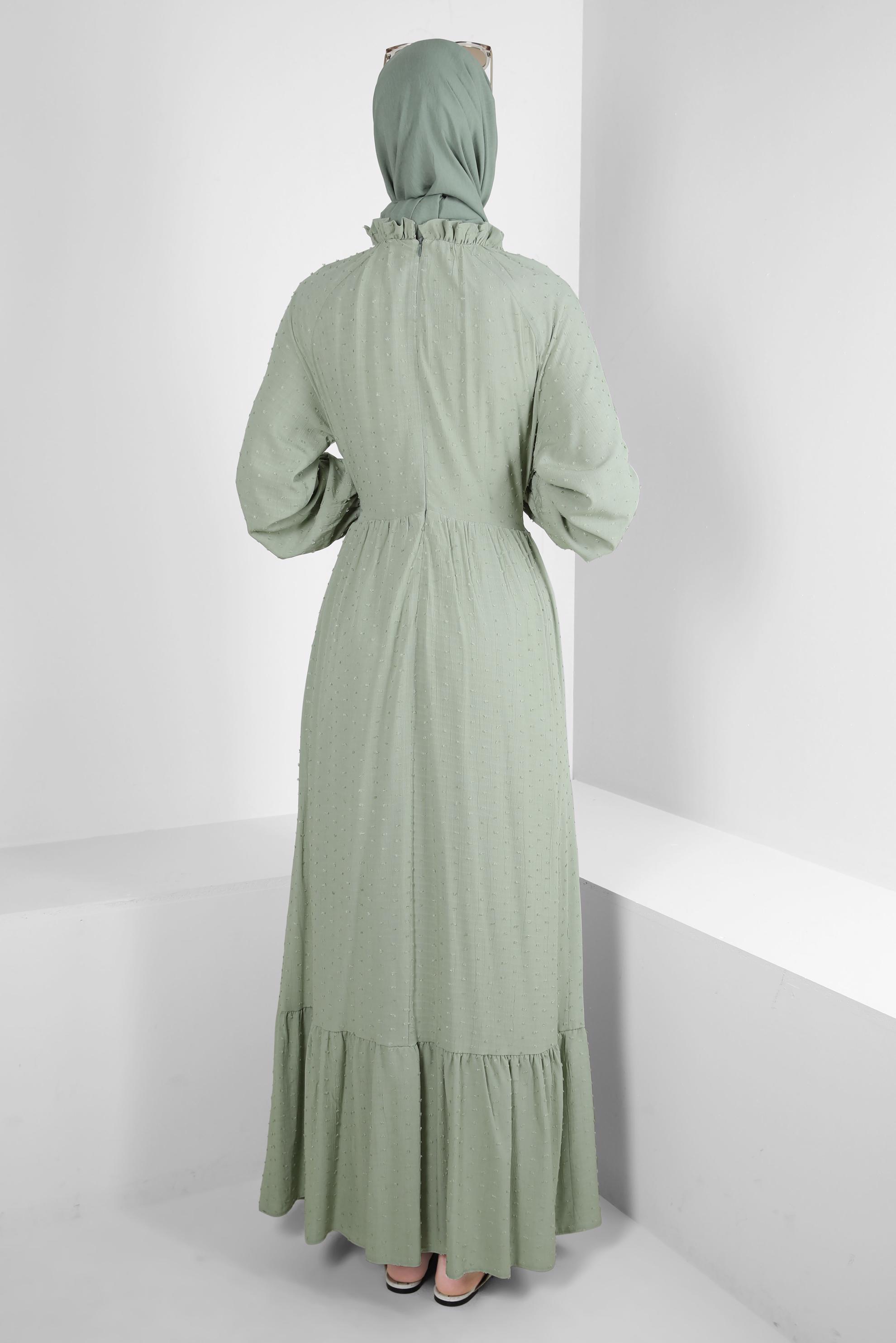 Tesettür giyim YEŞİL ROBALI BAĞLAMA DETAYLI ELBİSE 43744 