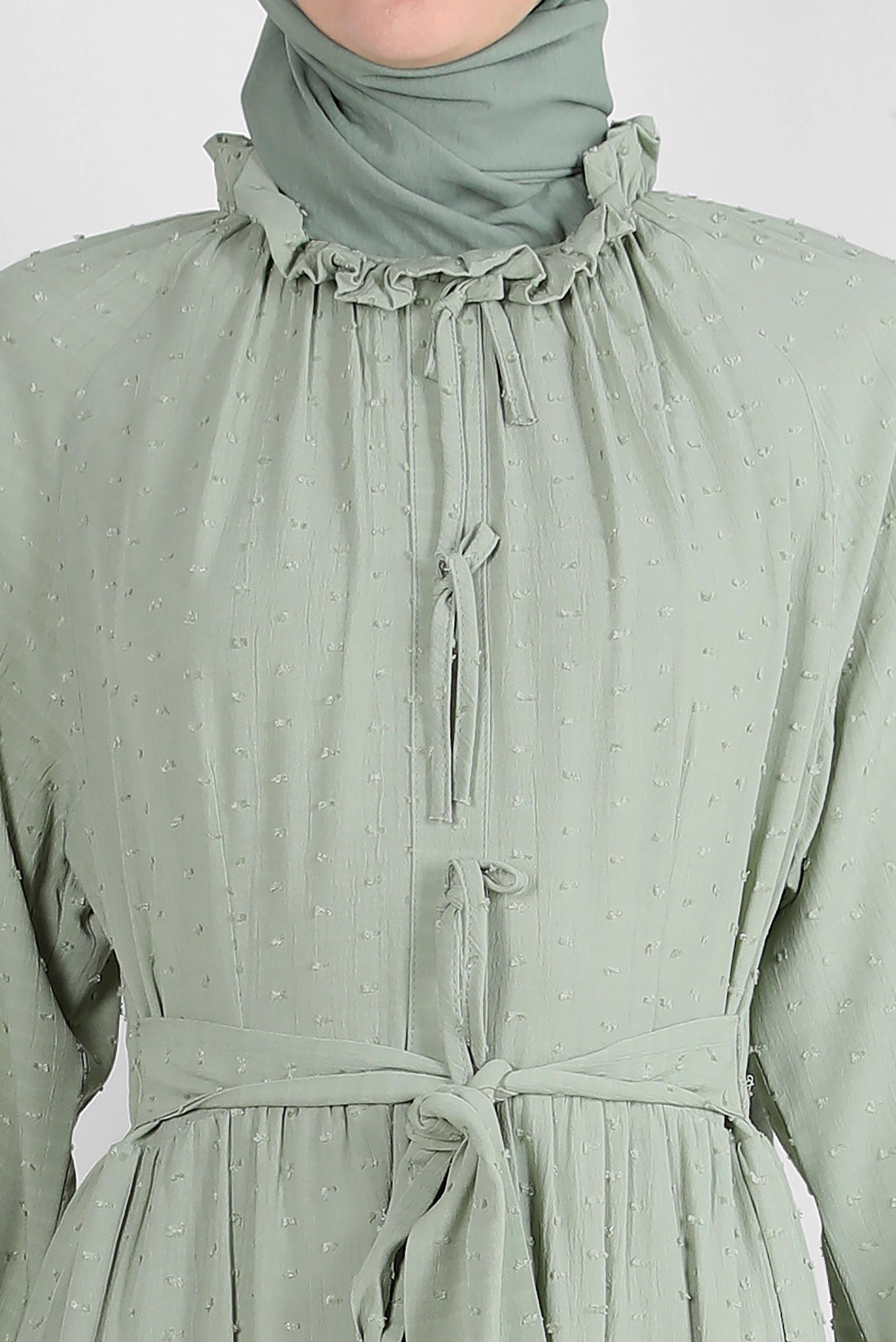 Tesettür giyim YEŞİL ROBALI BAĞLAMA DETAYLI ELBİSE 43744 