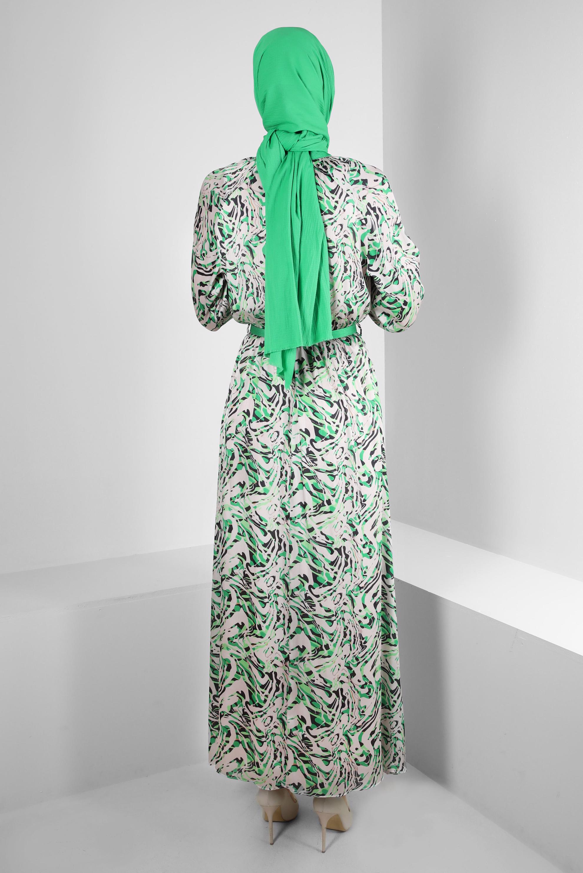 Tesettür giyim YEŞİL DESENLİ MANŞETLERİ BAĞLAMALI KEMERLİ ELBİSE 43747