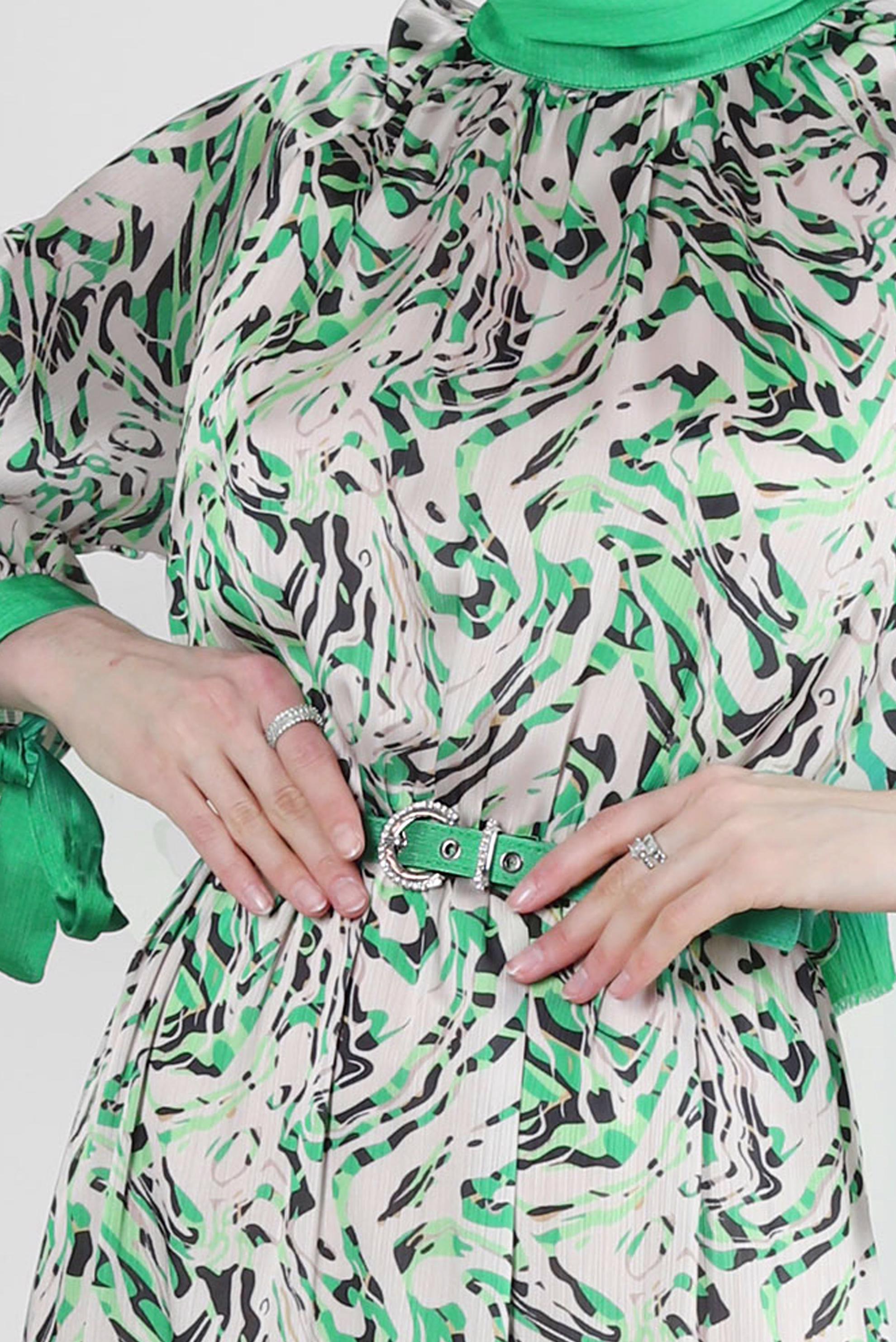 Tesettür giyim YEŞİL DESENLİ MANŞETLERİ BAĞLAMALI KEMERLİ ELBİSE 43747