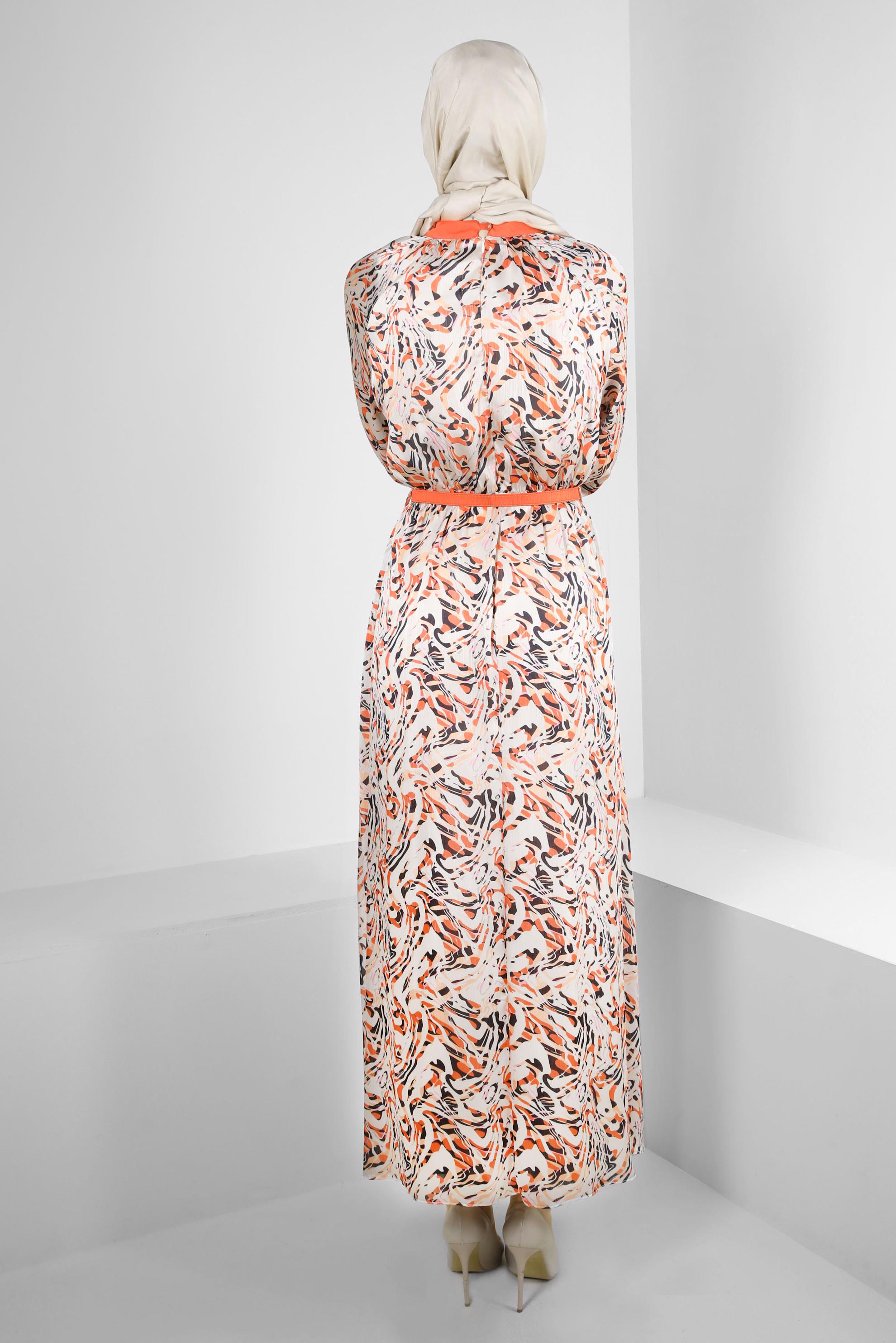 Tesettür giyim TURUNCU DESENLİ MANŞETLERİ BAĞLAMALI KEMERLİ ELBİSE 43747