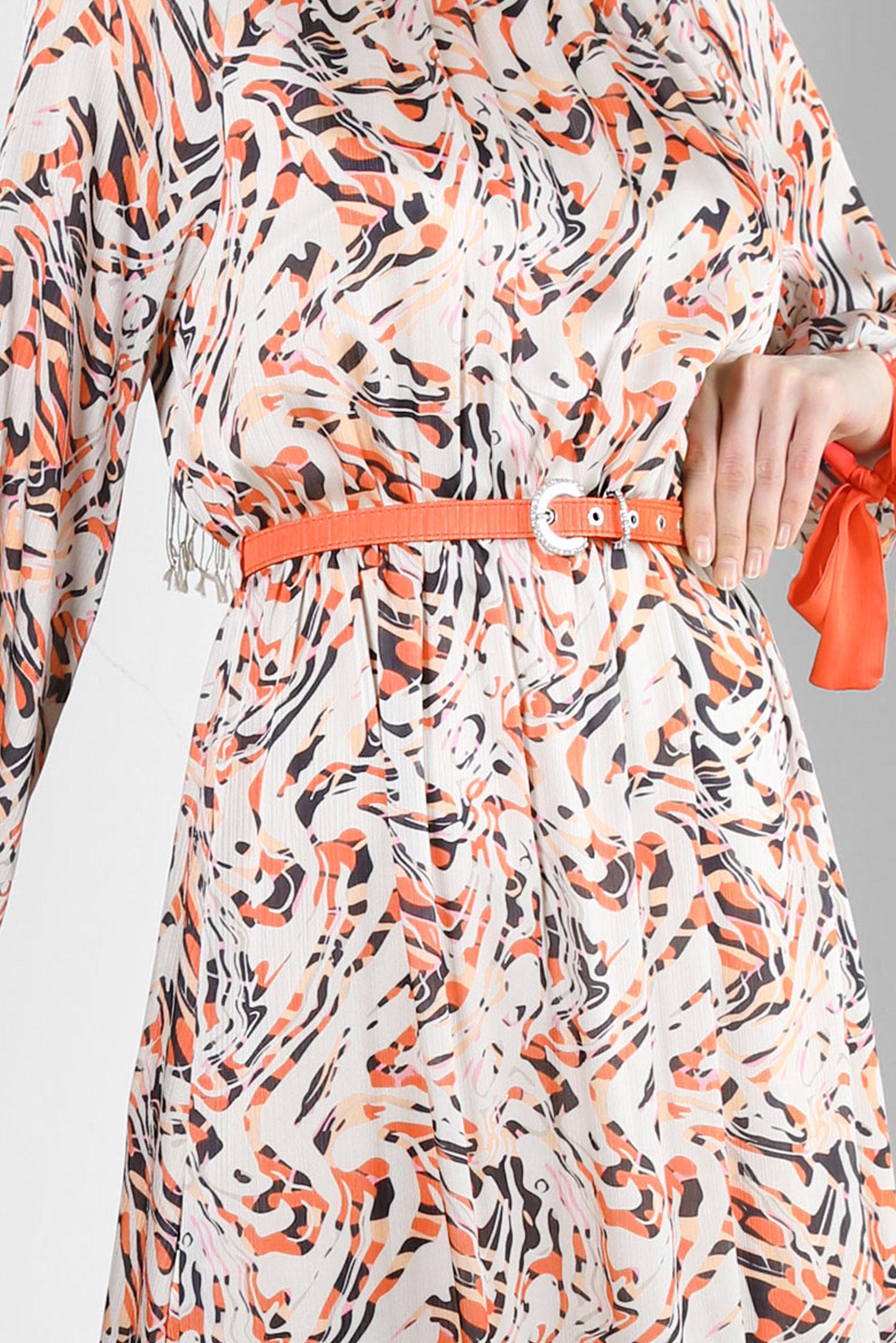 Tesettür giyim TURUNCU DESENLİ MANŞETLERİ BAĞLAMALI KEMERLİ ELBİSE 43747