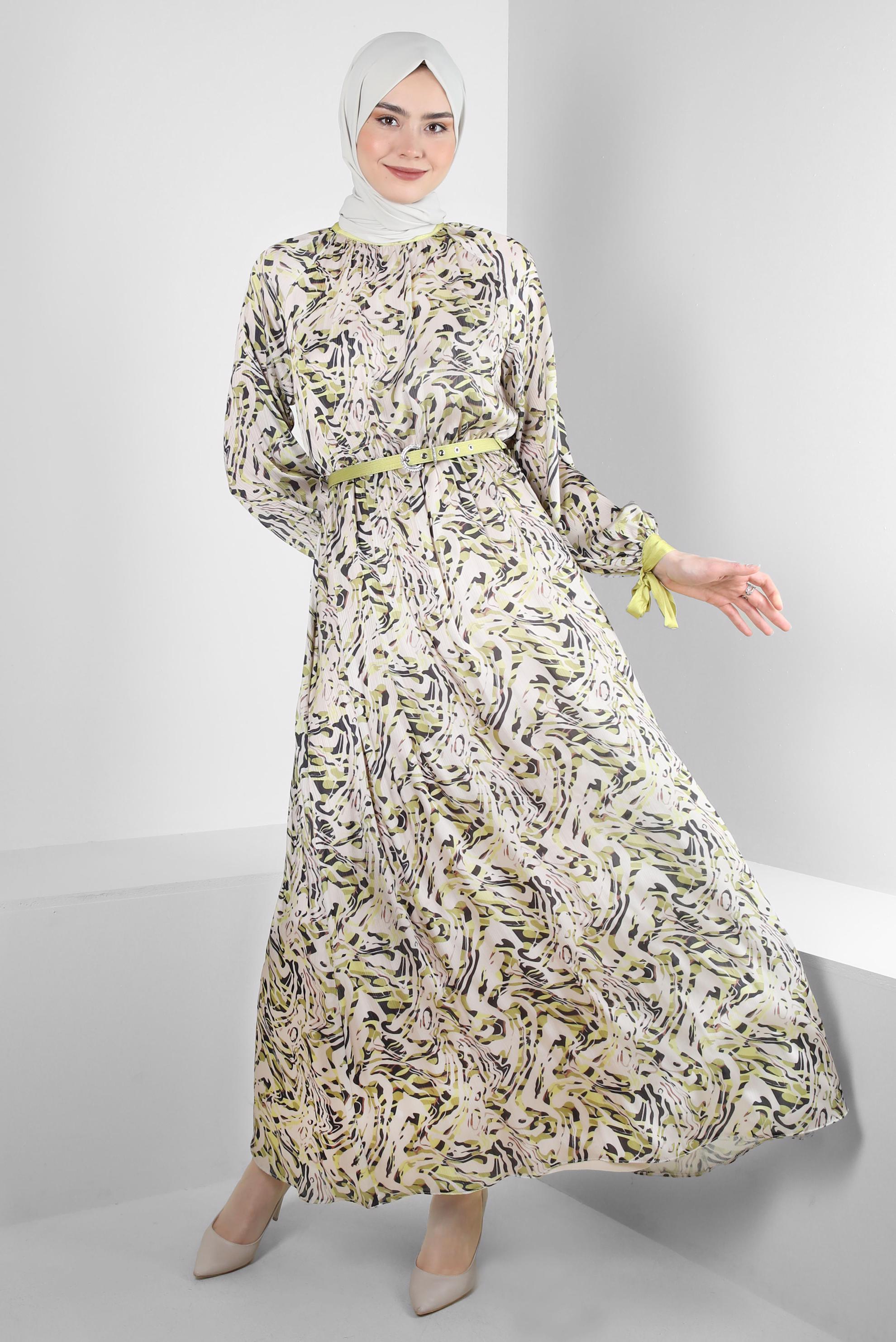 Tesettür giyim YEŞİL DESENLİ MANŞETLERİ BAĞLAMALI KEMERLİ ELBİSE 43747