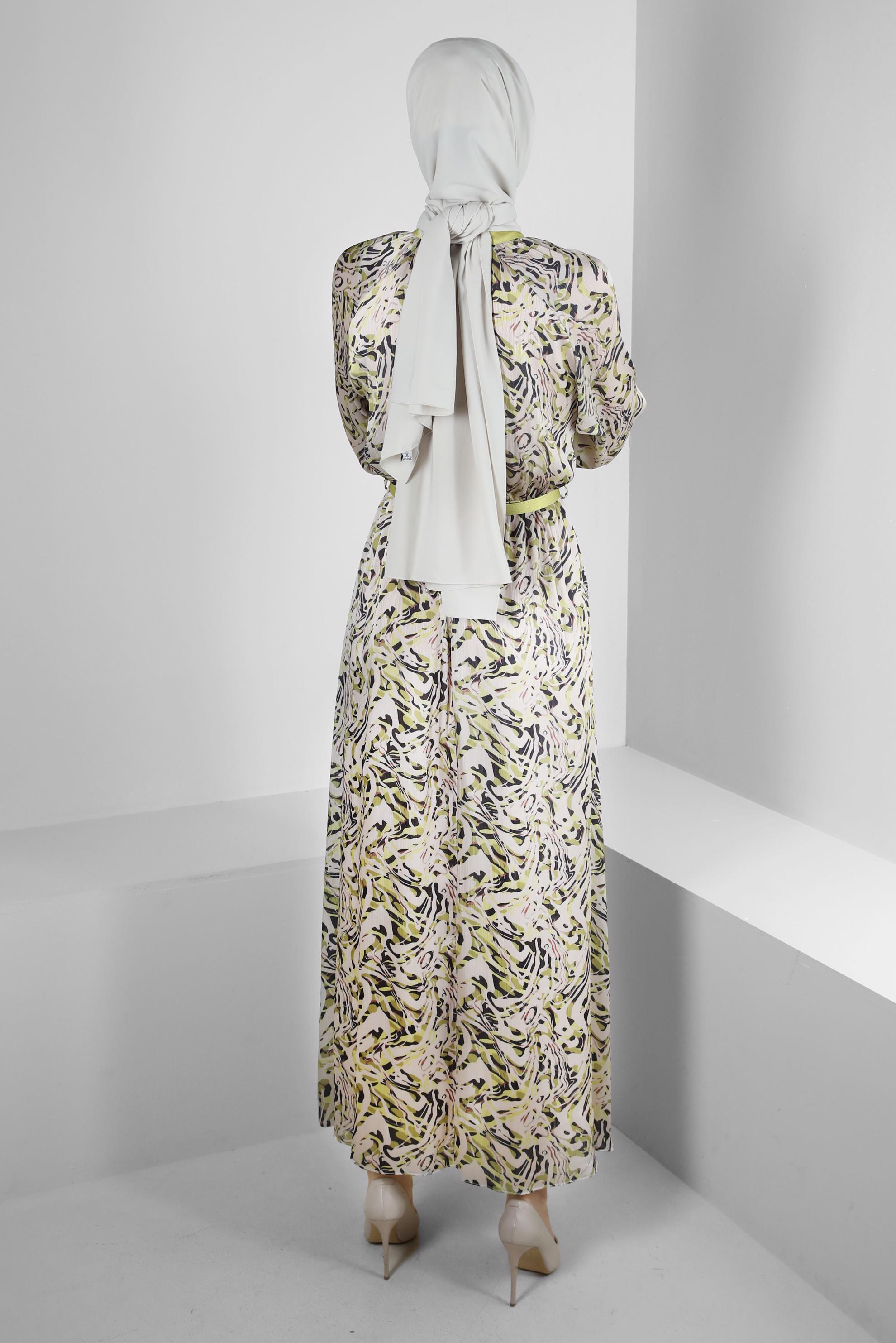 Tesettür giyim YEŞİL DESENLİ MANŞETLERİ BAĞLAMALI KEMERLİ ELBİSE 43747