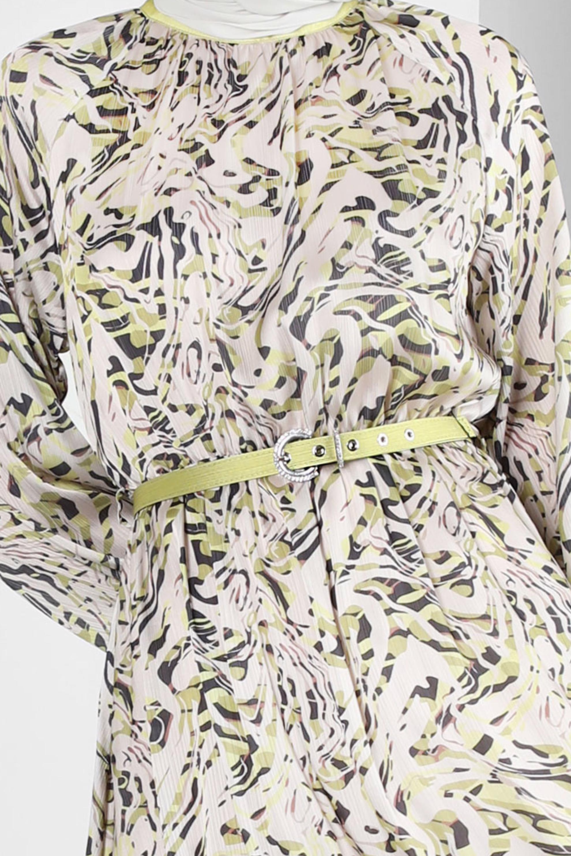 Tesettür giyim YEŞİL DESENLİ MANŞETLERİ BAĞLAMALI KEMERLİ ELBİSE 43747