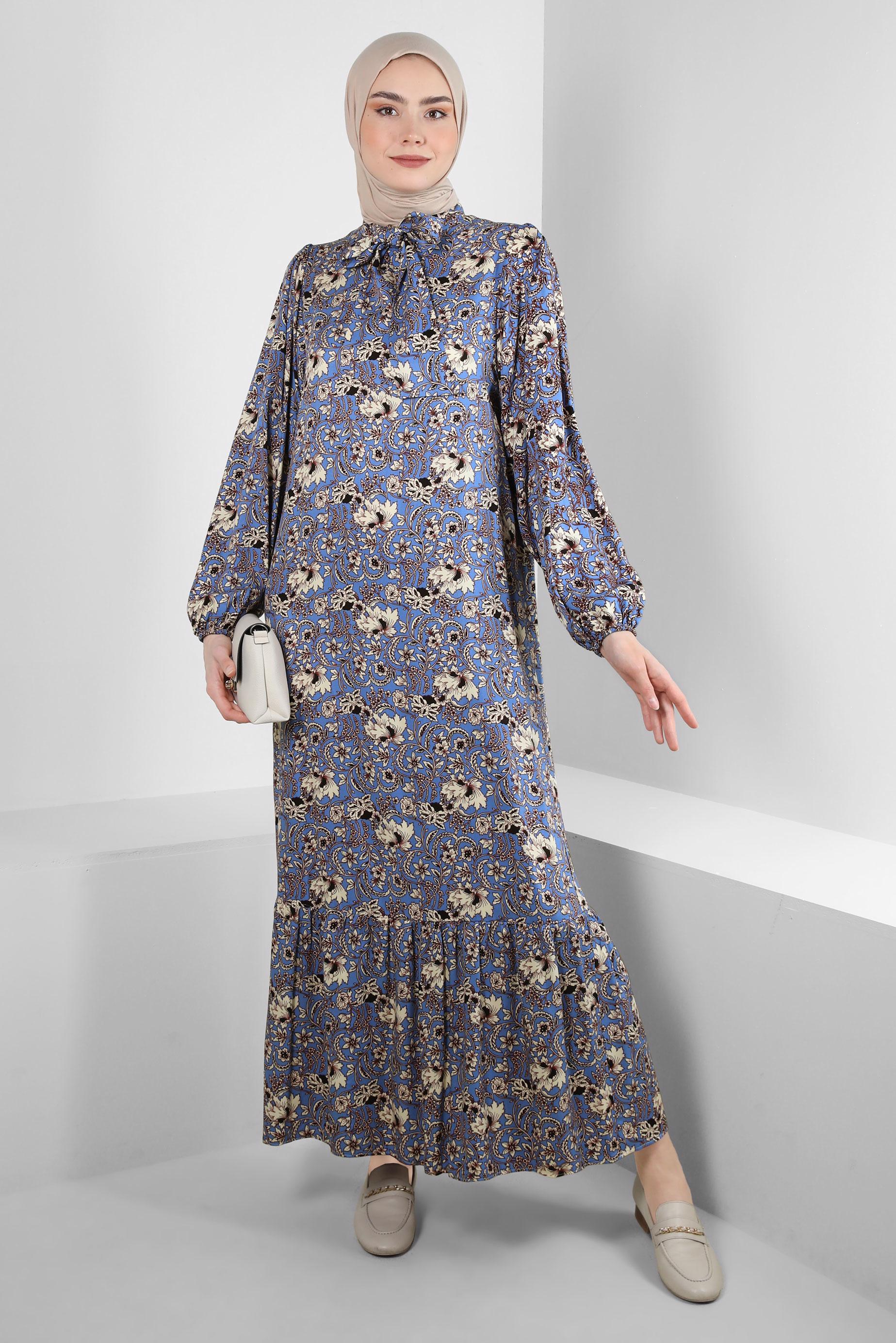 Tesettür giyim MAVİ DESENLİ YAKASI BAĞLAMALI ELBİSE 43748