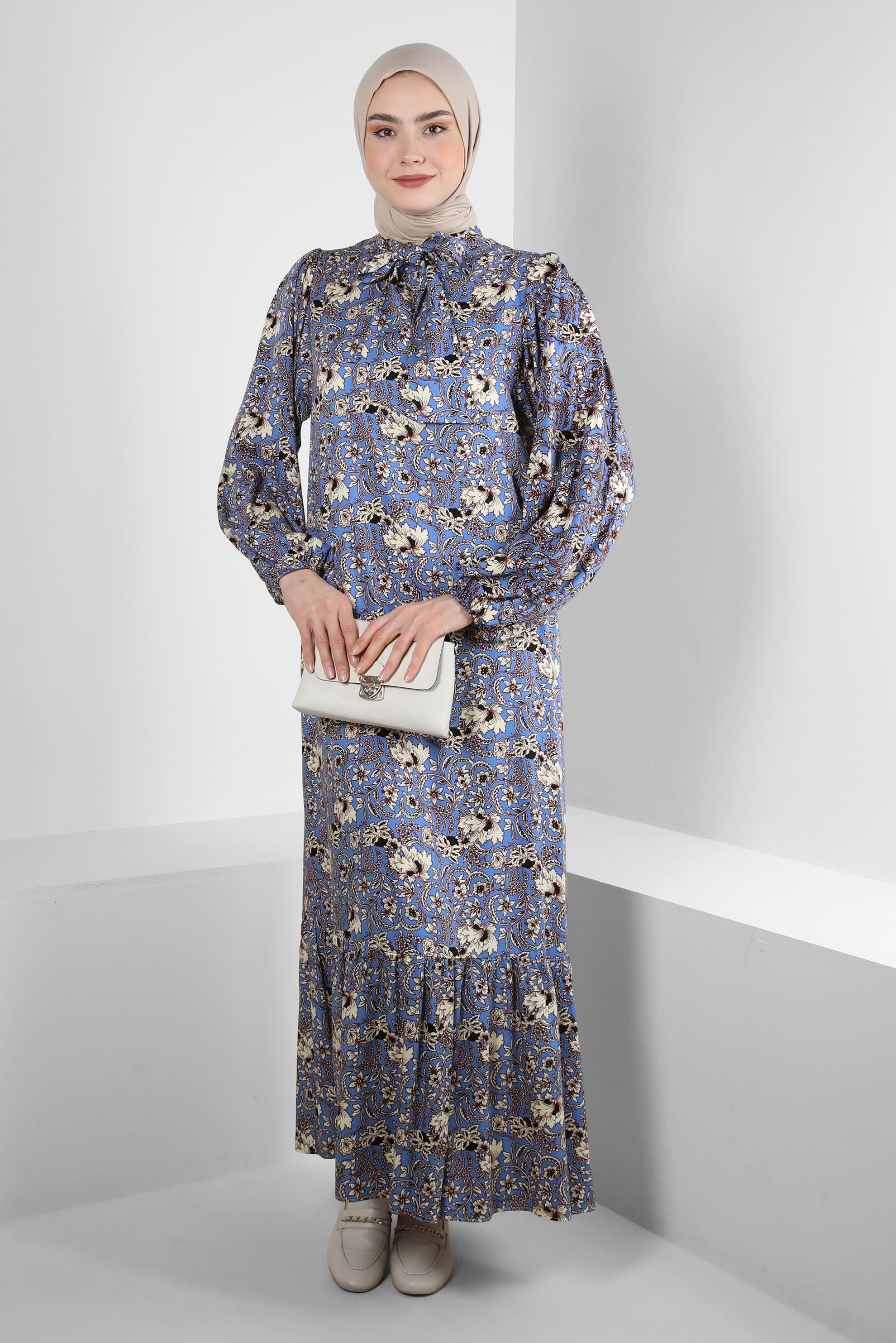 Tesettür giyim MAVİ DESENLİ YAKASI BAĞLAMALI ELBİSE 43748