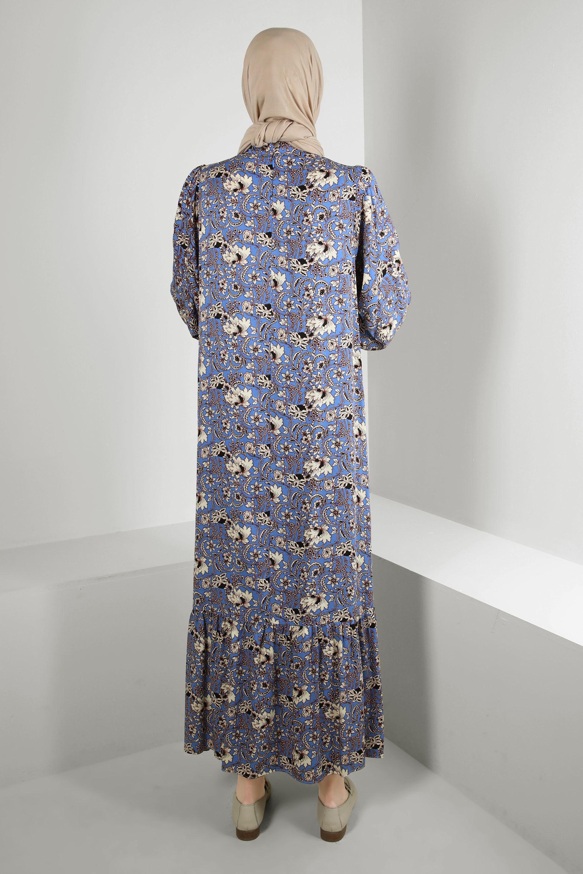 Tesettür giyim MAVİ DESENLİ YAKASI BAĞLAMALI ELBİSE 43748