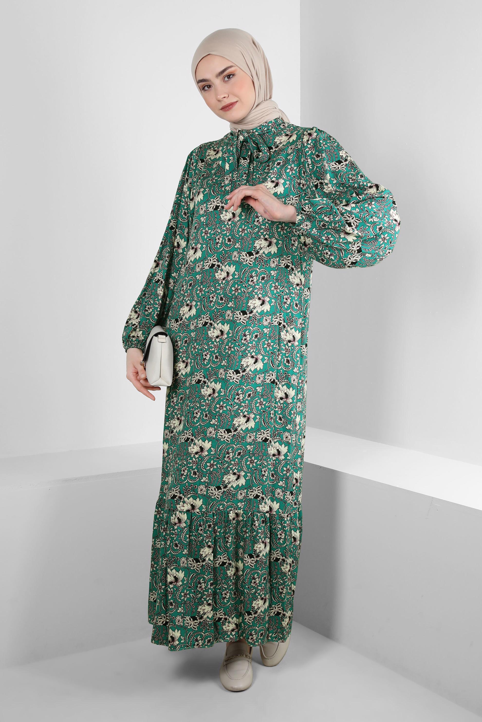 Tesettür giyim YEŞİL DESENLİ YAKASI BAĞLAMALI ELBİSE 43748